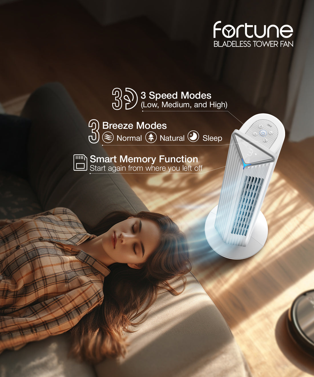 White Fortune Bladeless Tower Fan specifications: 55W, 220-240V, 50Hz, under 55dB, 290 x 290 x 920 mm