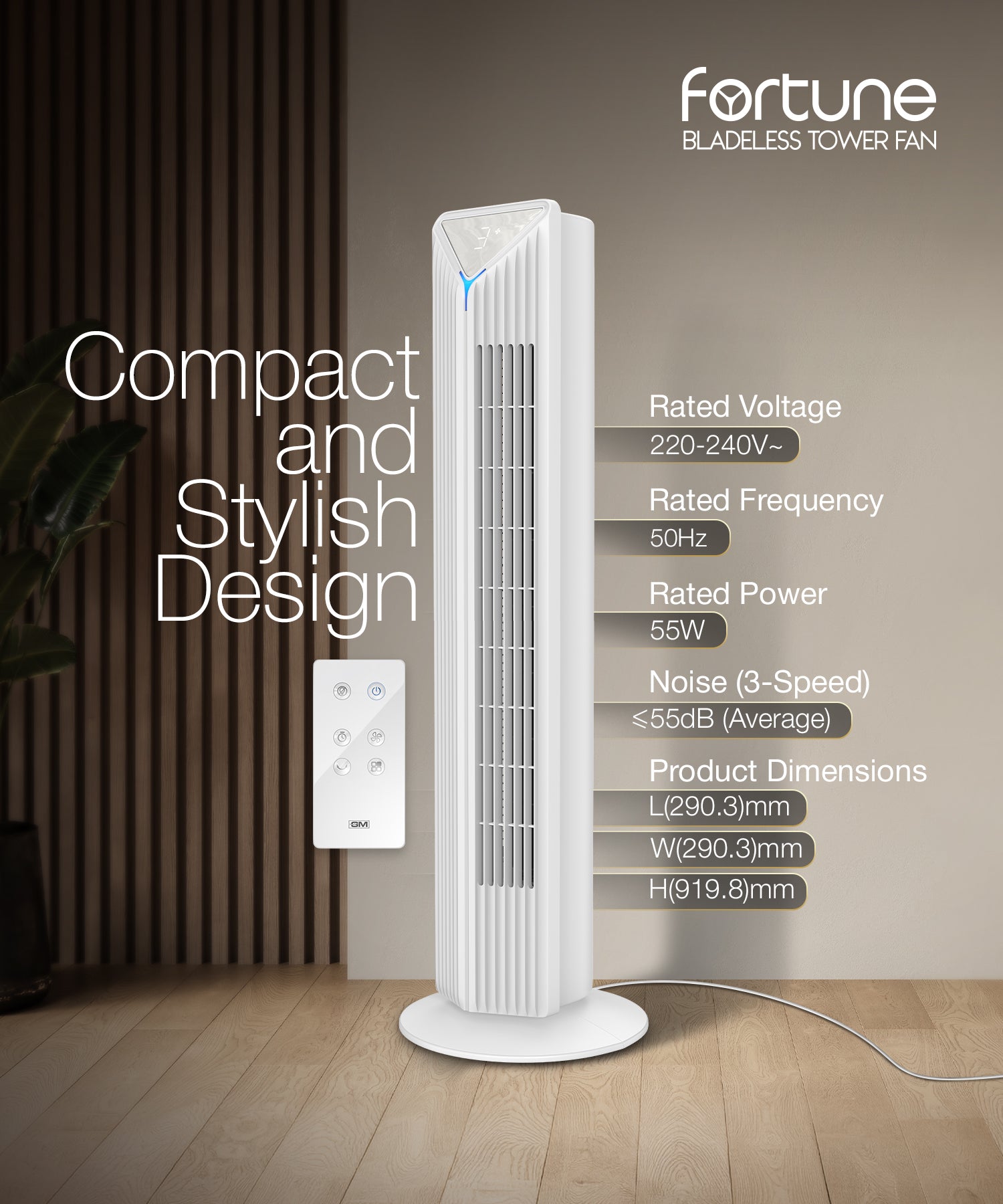 Close-up of the white Fortune Bladeless Tower Fan digital display by GM Modular