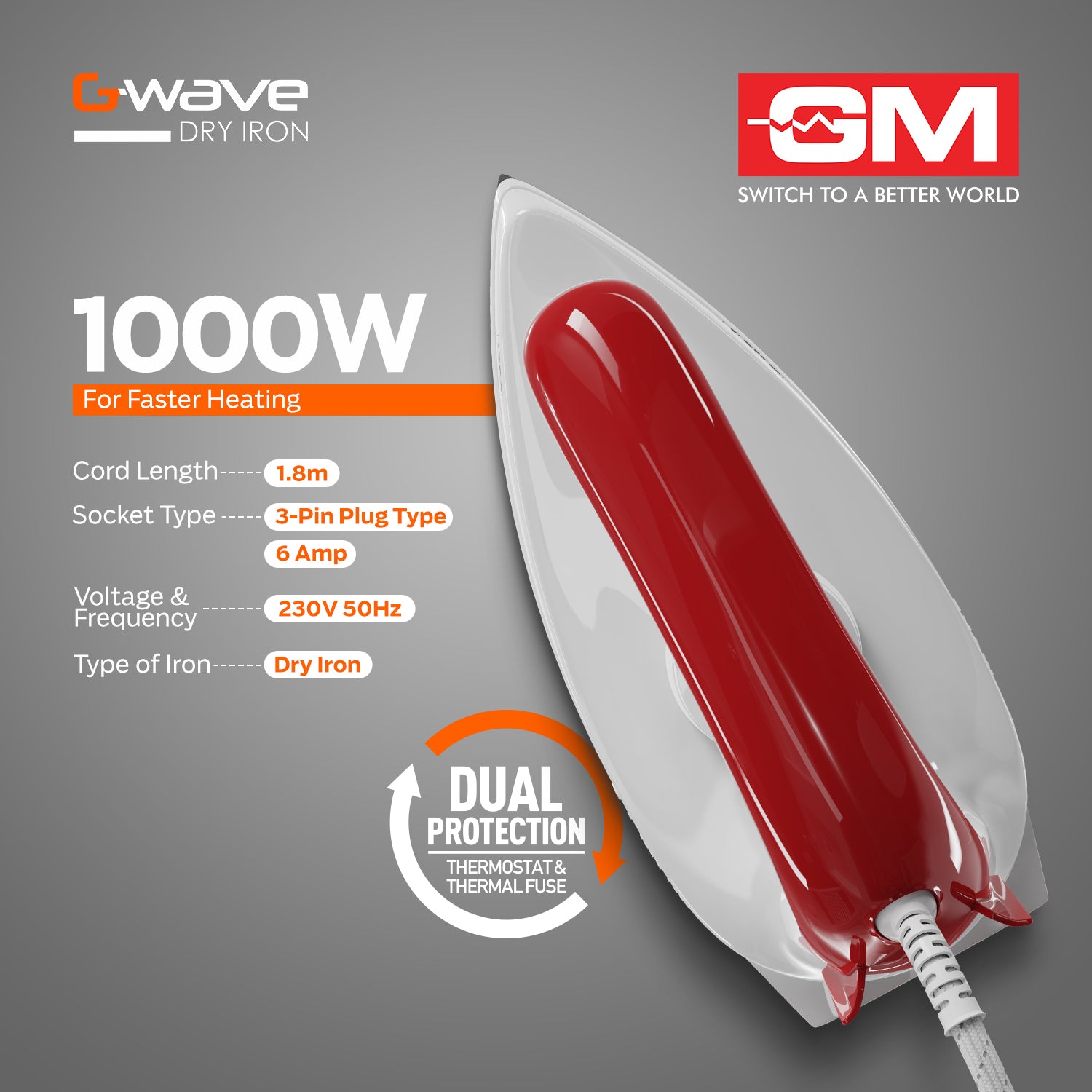 G-WAVE 1000 WATT DRY IRON (RED)
