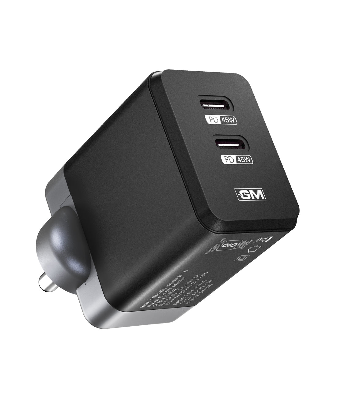 GM G+ Black 45W GaN wall charger with two USB-C ports