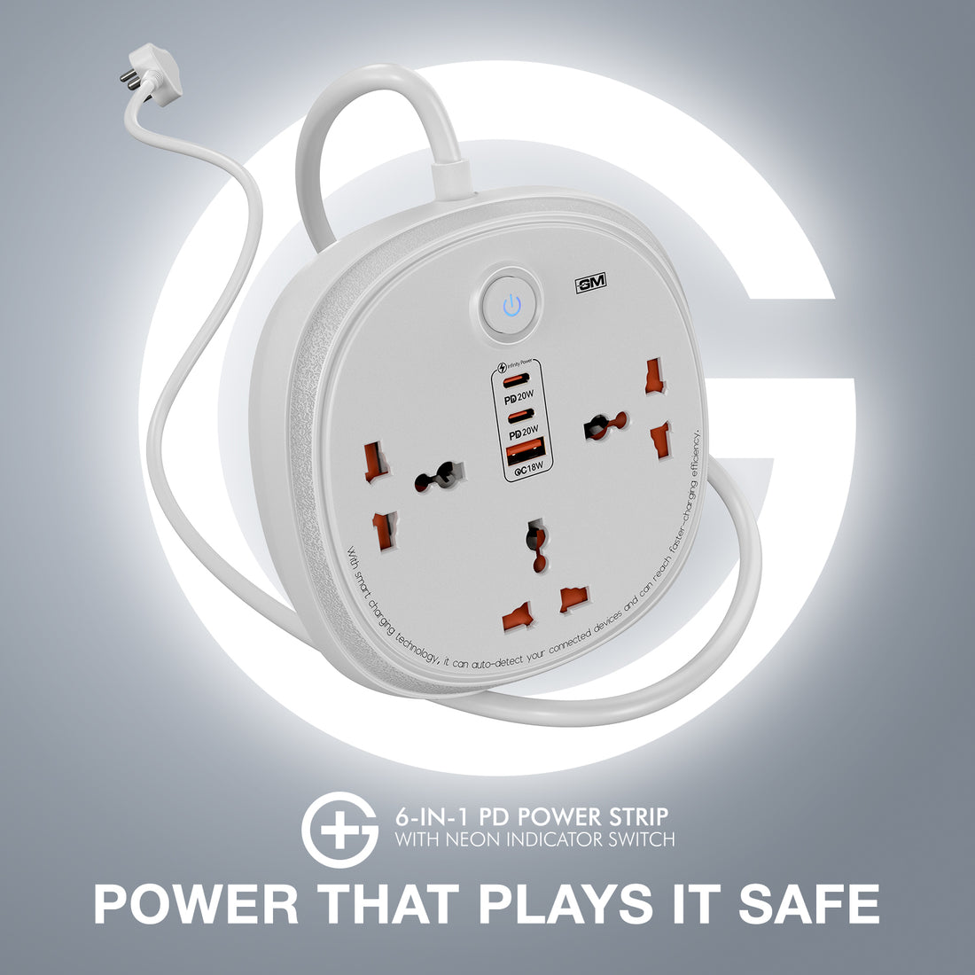 GM G+ 6-in-1 PD Power Strip with Neon Indicator Switch