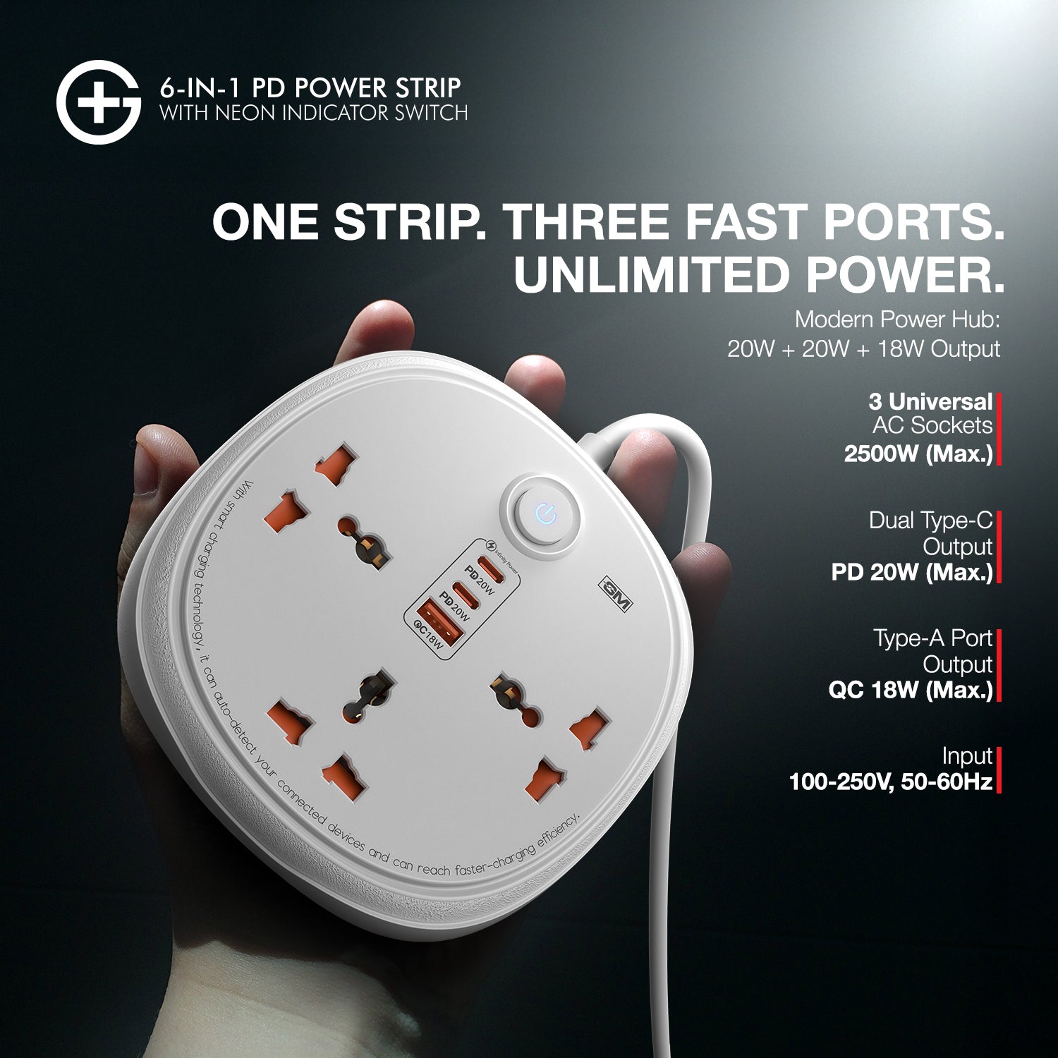 GM G+ 6-in-1 PD Power Strip with Neon Indicator Switch