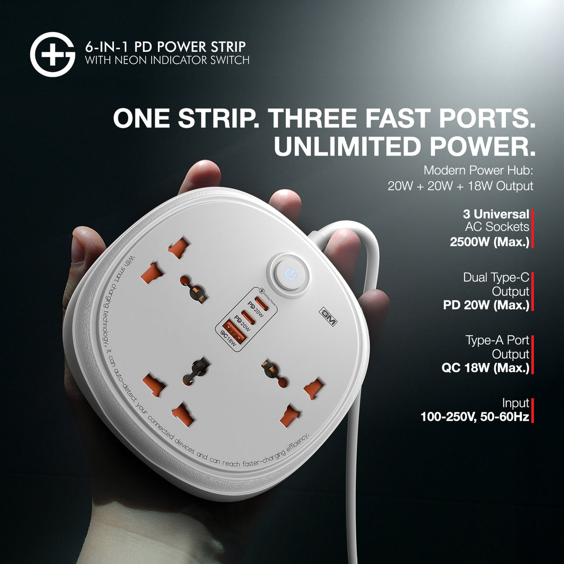 GM G+ 6-in-1 PD Power Strip with Neon Indicator Switch