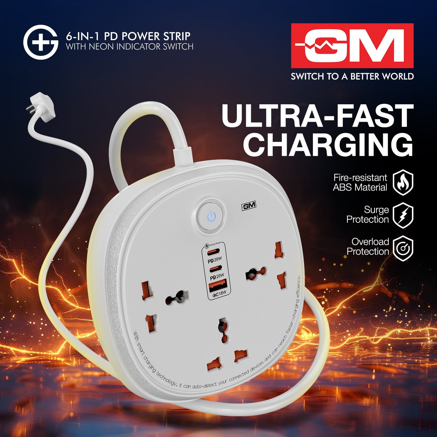 GM G+ ConnectX 6-in-1 3U1C 2M Power Strip