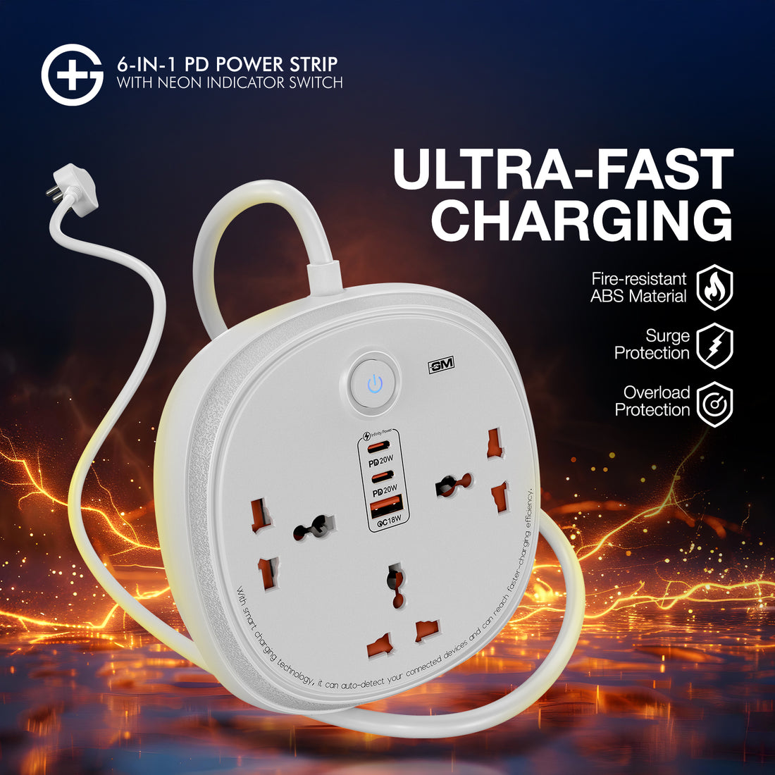GM G+ 6-in-1 PD Power Strip with Neon Indicator Switch
