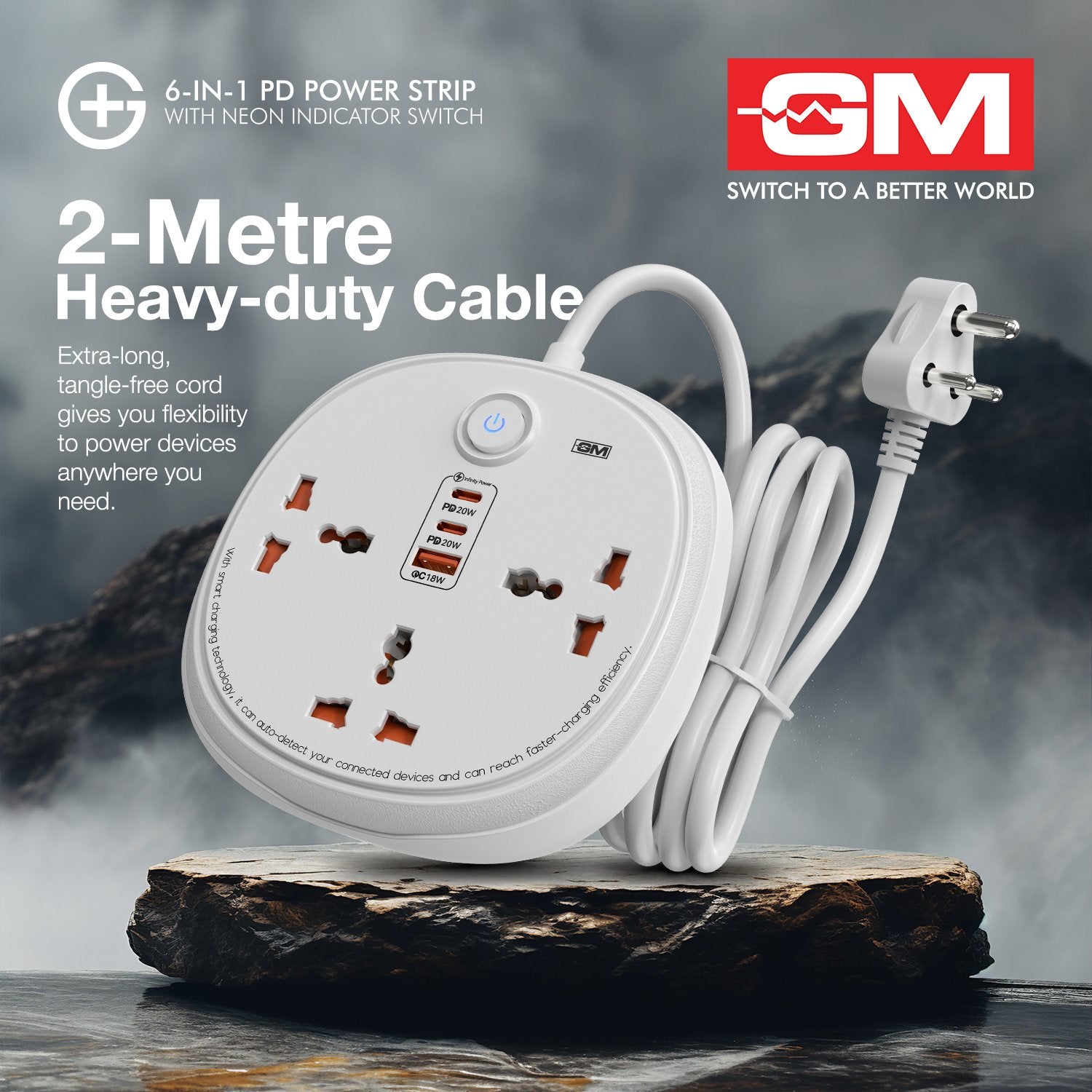 GM G+ ConnectX 6-in-1 3U1C 2M Power Strip