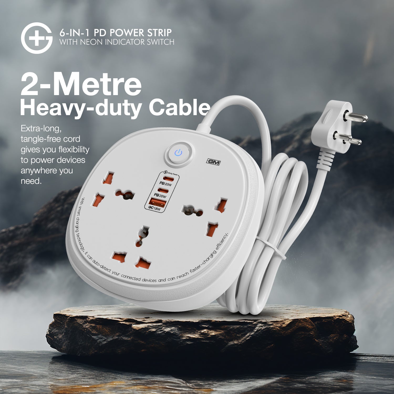 GM G+ 6-in-1 PD Power Strip with Neon Indicator Switch