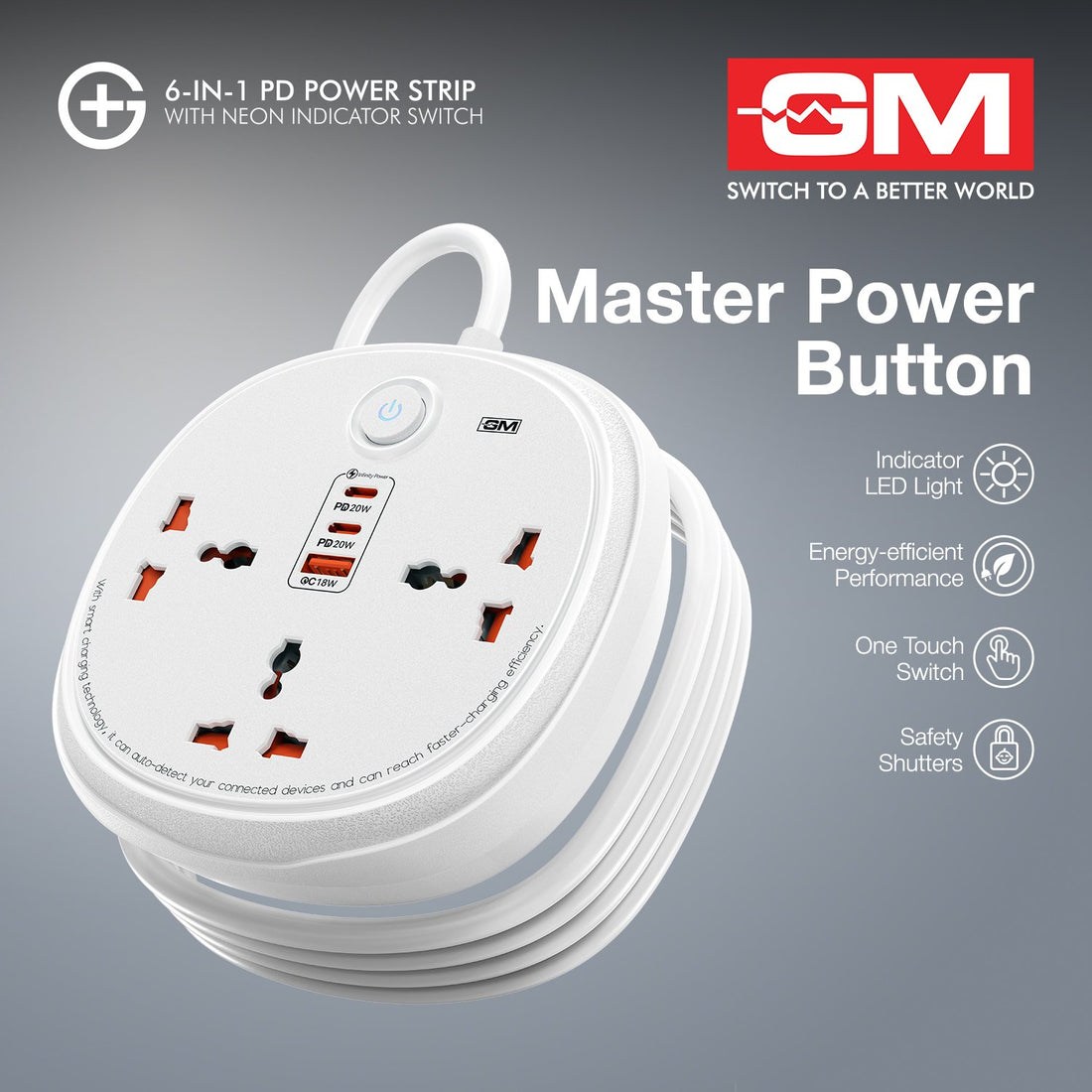 GM G+ ConnectX 6-in-1 3U1C 2M Power Strip
