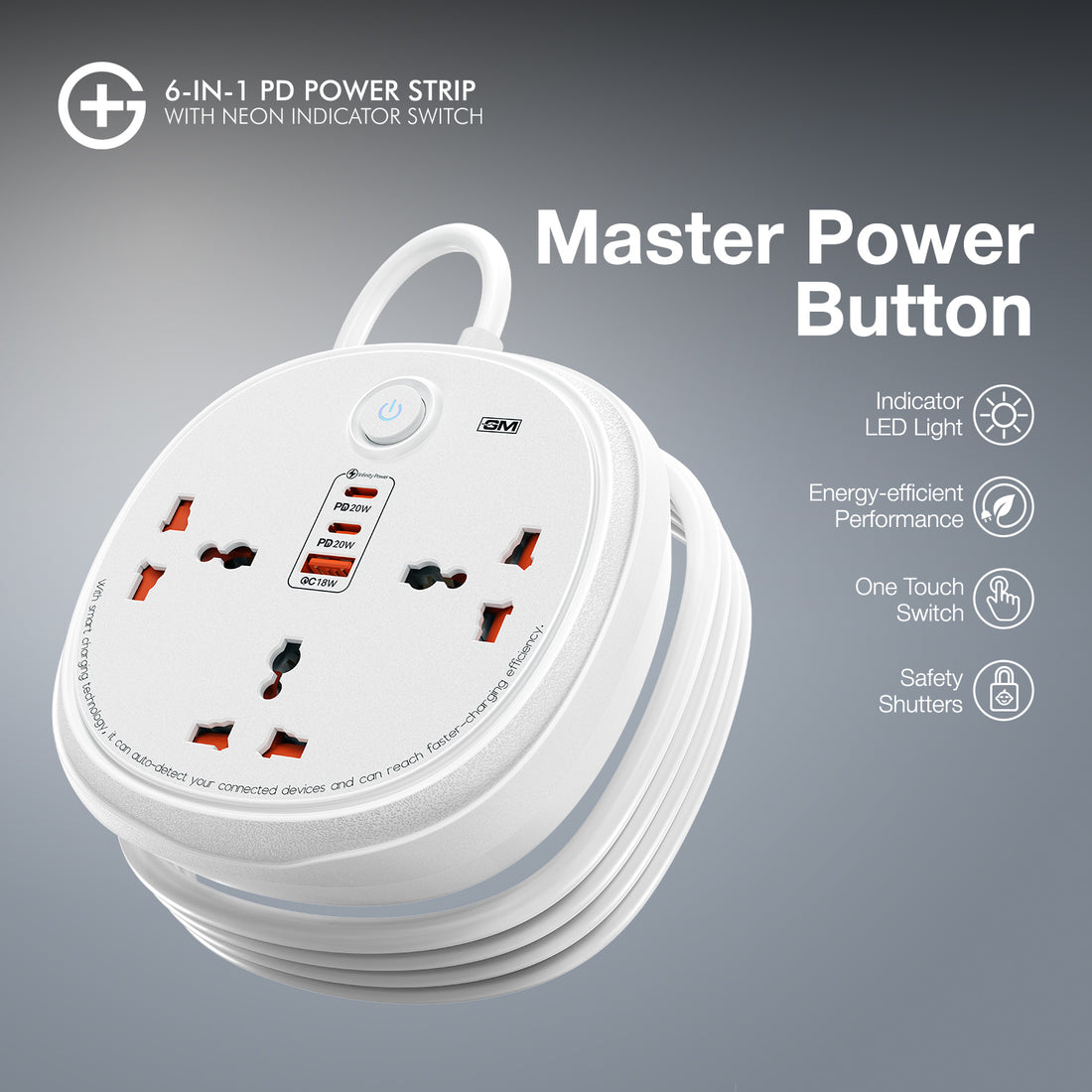 GM G+ 6-in-1 PD Power Strip with Neon Indicator Switch