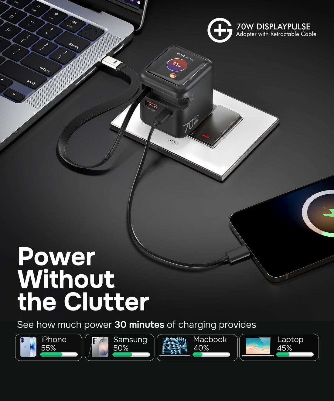 DisplayPulse 70W Adapter with Retractable Cable (Black)