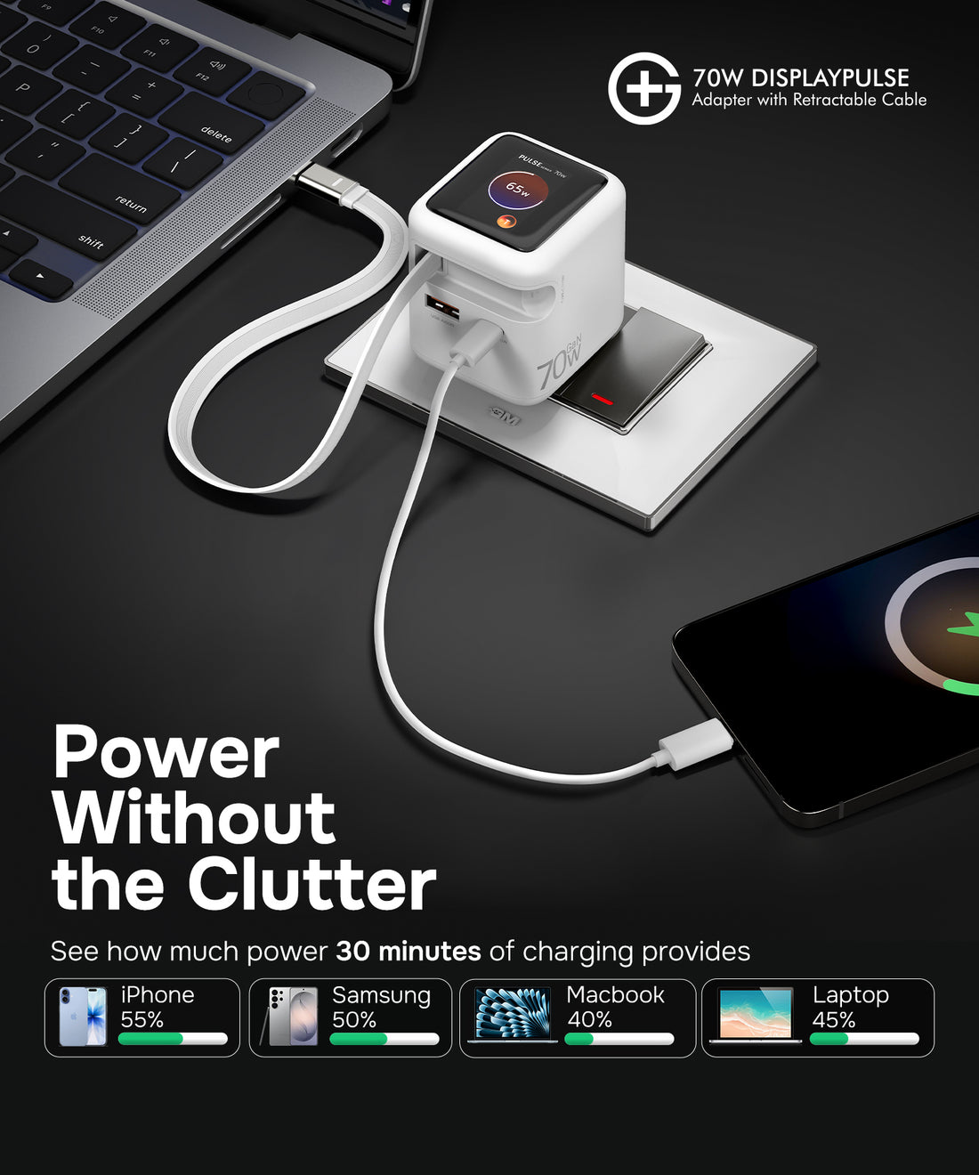 DisplayPulse 70W Adapter with Retractable Cable (White)
