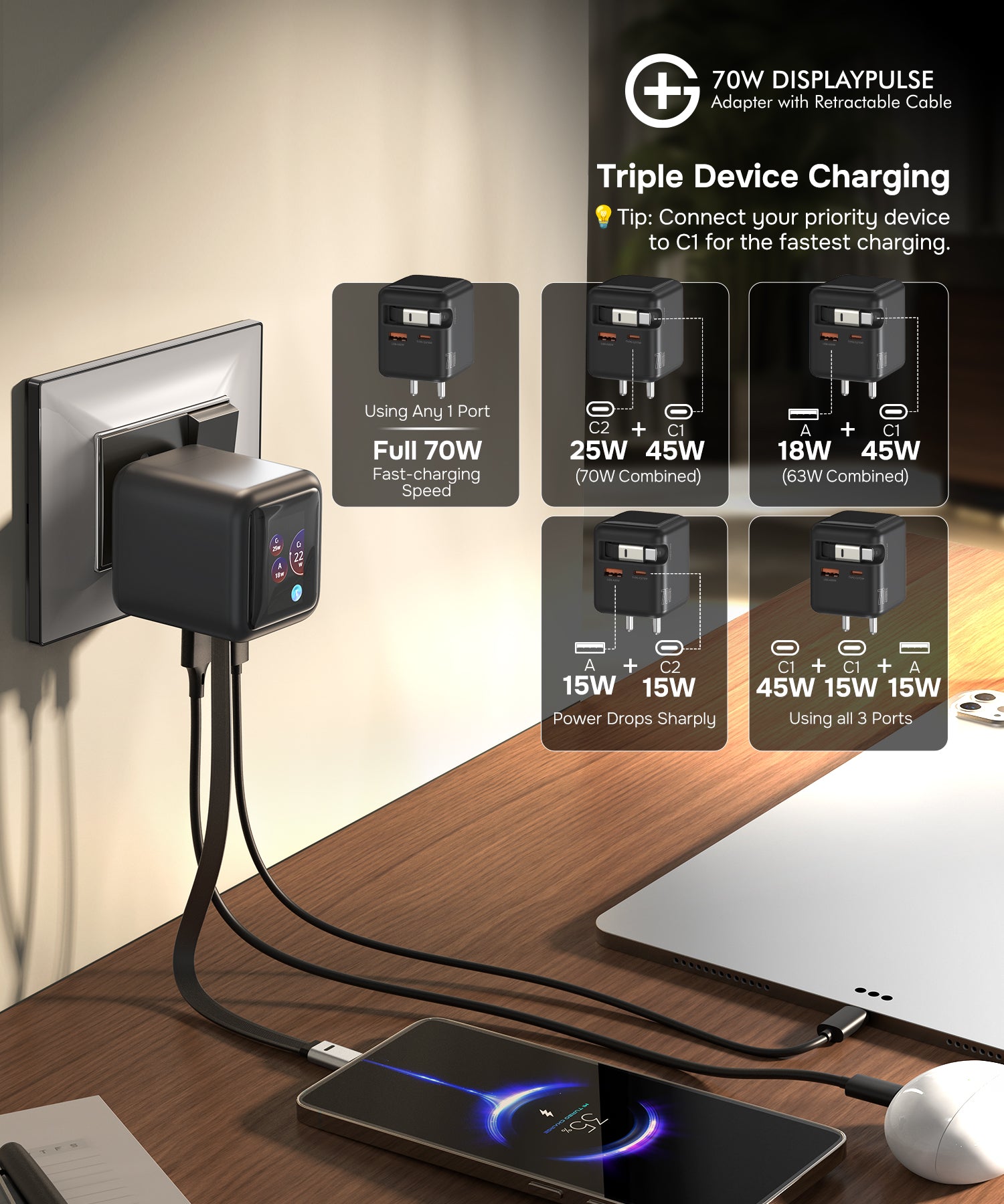 DisplayPulse 70W Adapter with Retractable Cable (Black)