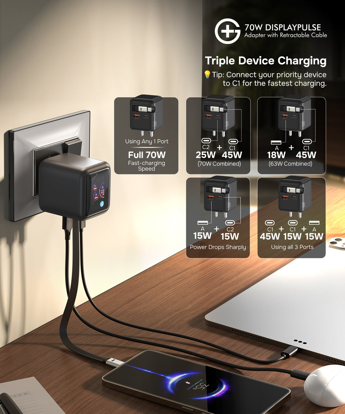 DisplayPulse 70W Adapter with Retractable Cable (Black)