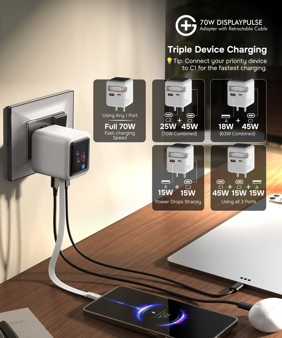 DisplayPulse 70W Adapter with Retractable Cable (White)