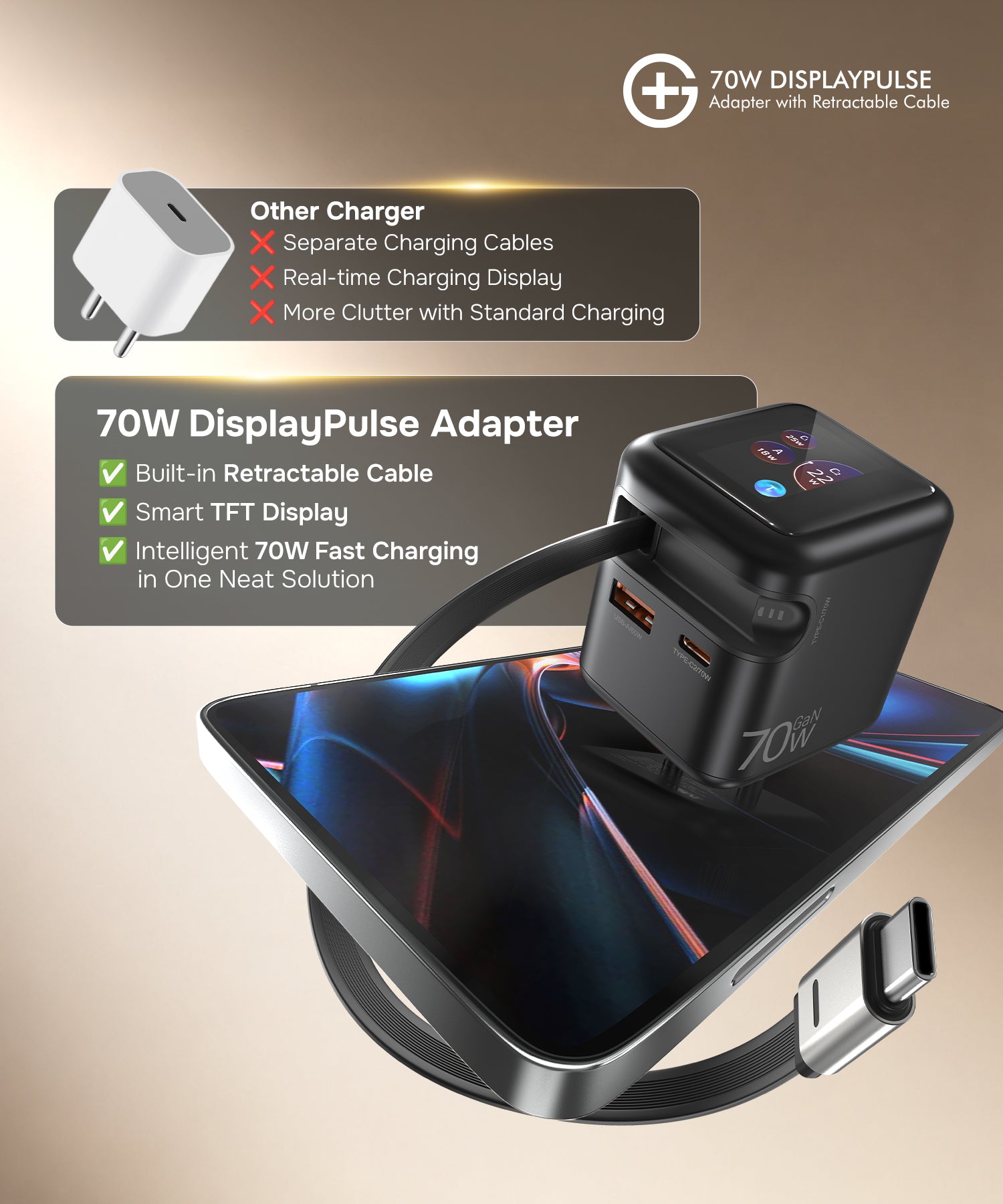 DisplayPulse 70W Adapter with Retractable Cable (Black)