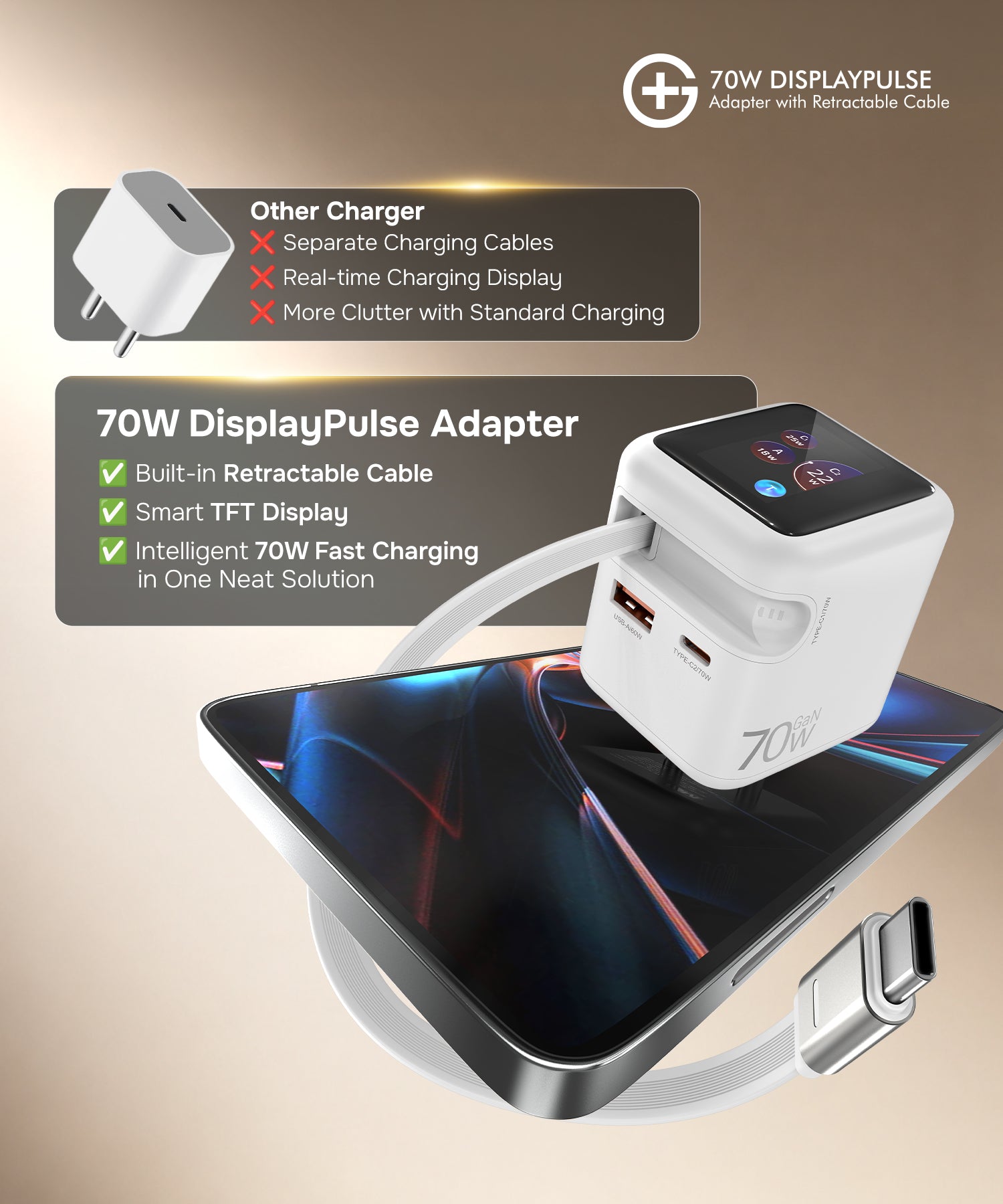 DisplayPulse 70W Adapter with Retractable Cable (White)