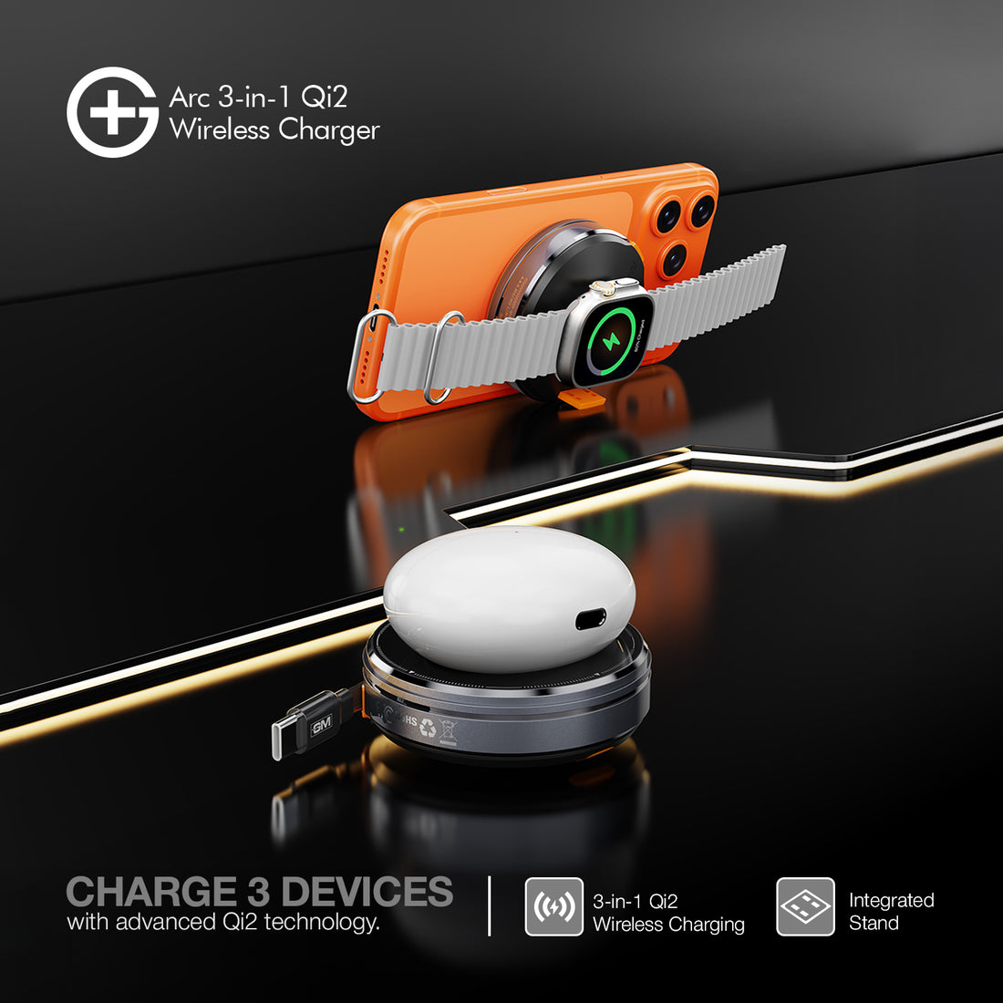G+ Arc Qi2 3-in-1 Wireless Charger (BLACK)