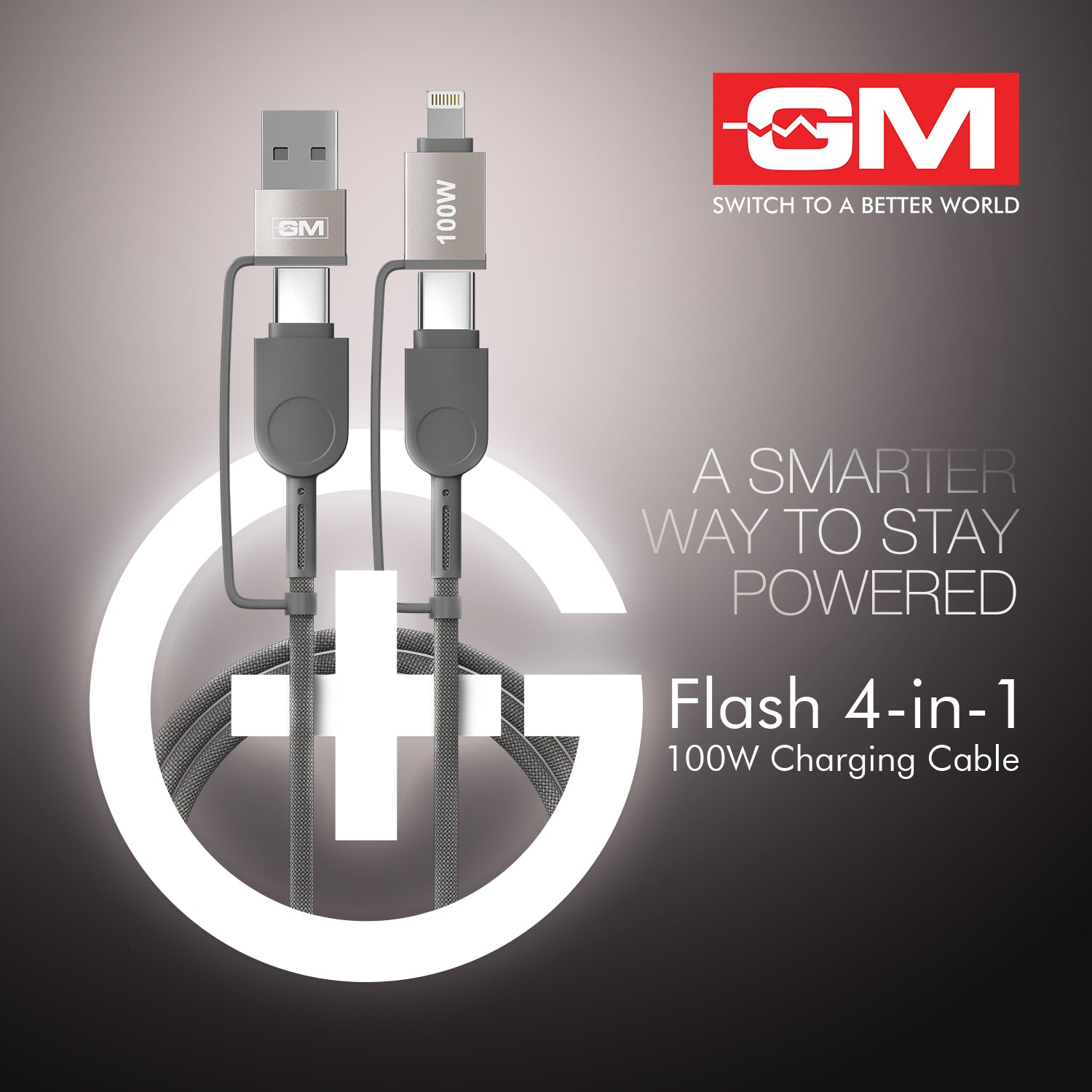 Charging Cable - FLASH, 4-IN-1, GREY, 120CM