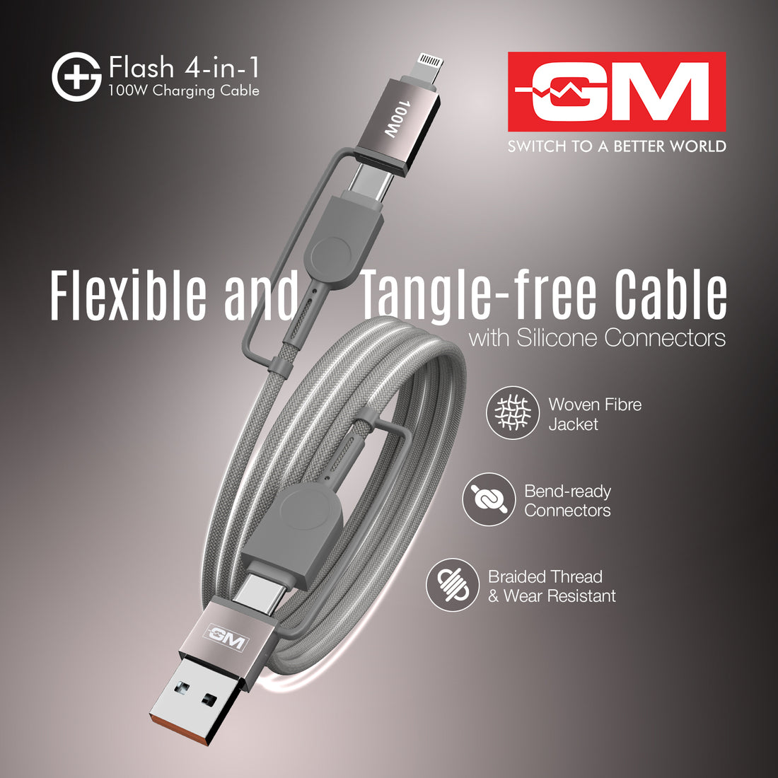 Charging Cable - FLASH, 4-IN-1, GREY, 120CM