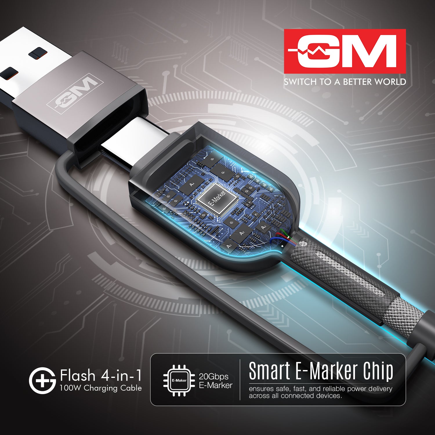 Charging Cable - FLASH, 4-IN-1, GREY, 120CM