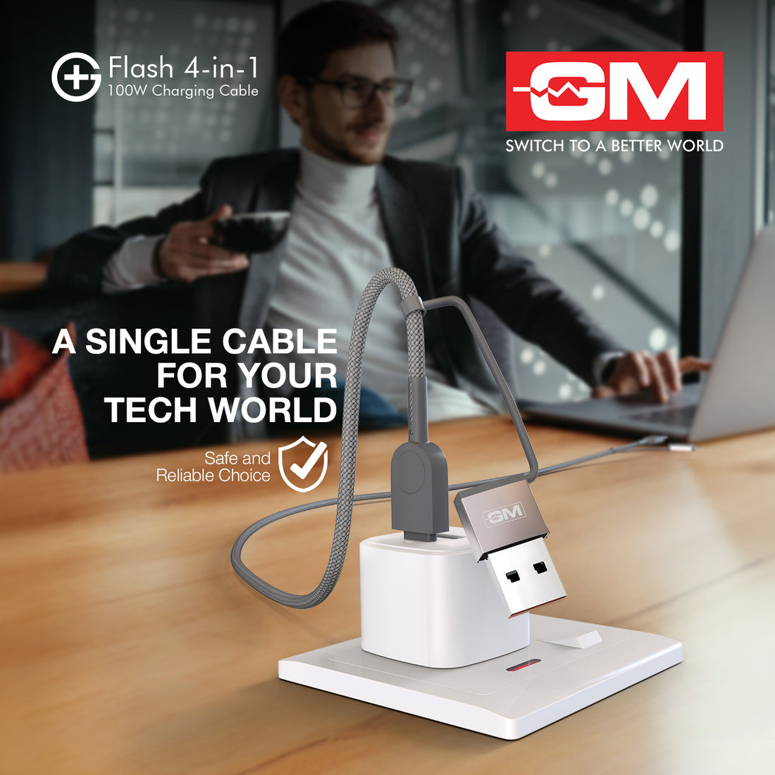 Charging Cable - FLASH, 4-IN-1, GREY, 120CM