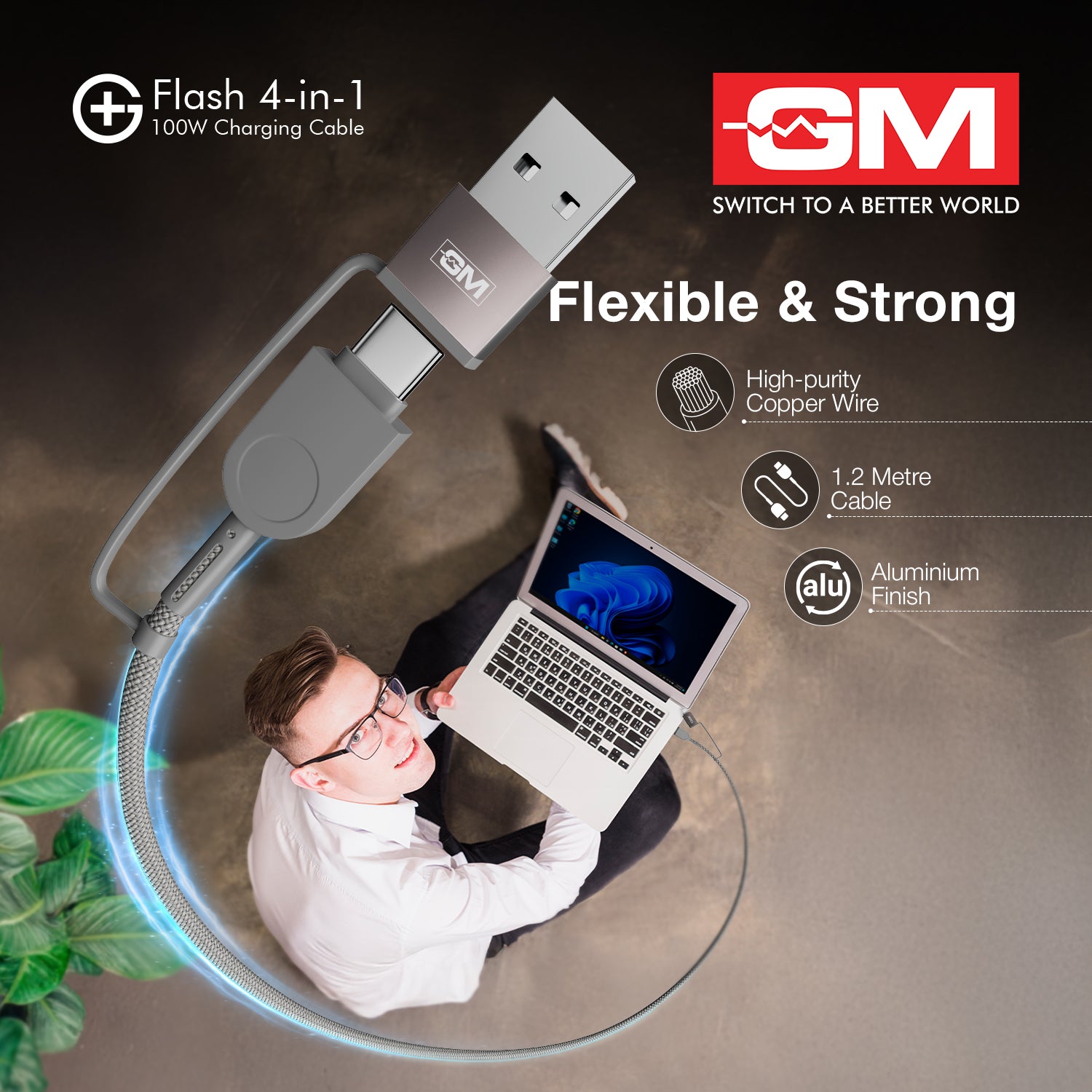 Charging Cable - FLASH, 4-IN-1, GREY, 120CM