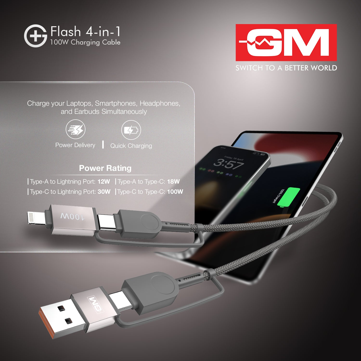 Charging Cable - FLASH, 4-IN-1, GREY, 120CM
