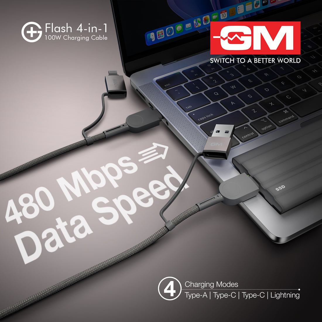 Charging Cable - FLASH, 4-IN-1, GREY, 120CM