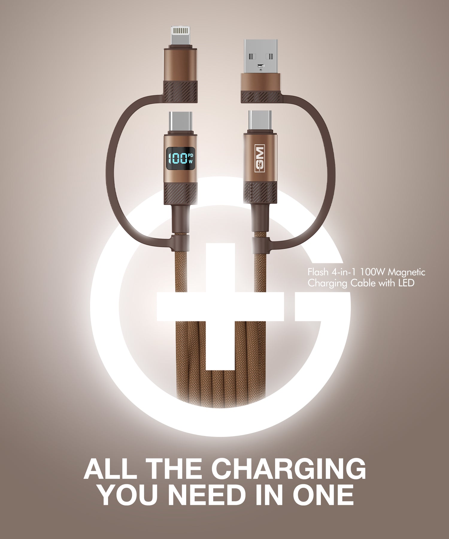 Brown GM G+ Flash 4-in-1 magnetic charging cable with LED wattage display