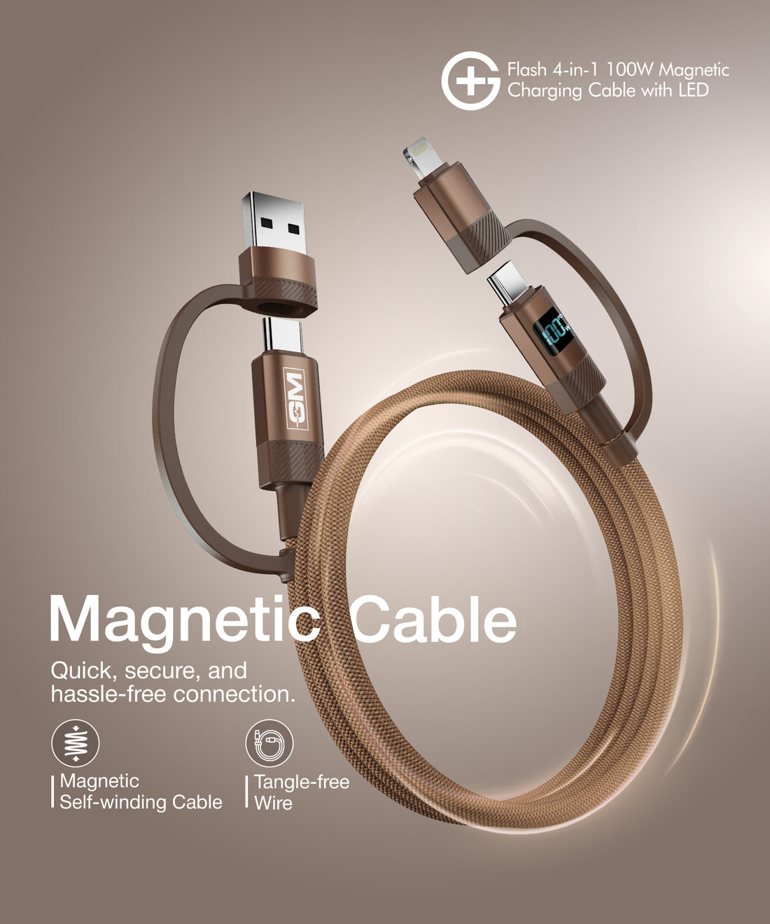 GM G+ Flash 4-in-1 100W Magnetic Charging Cable with LED