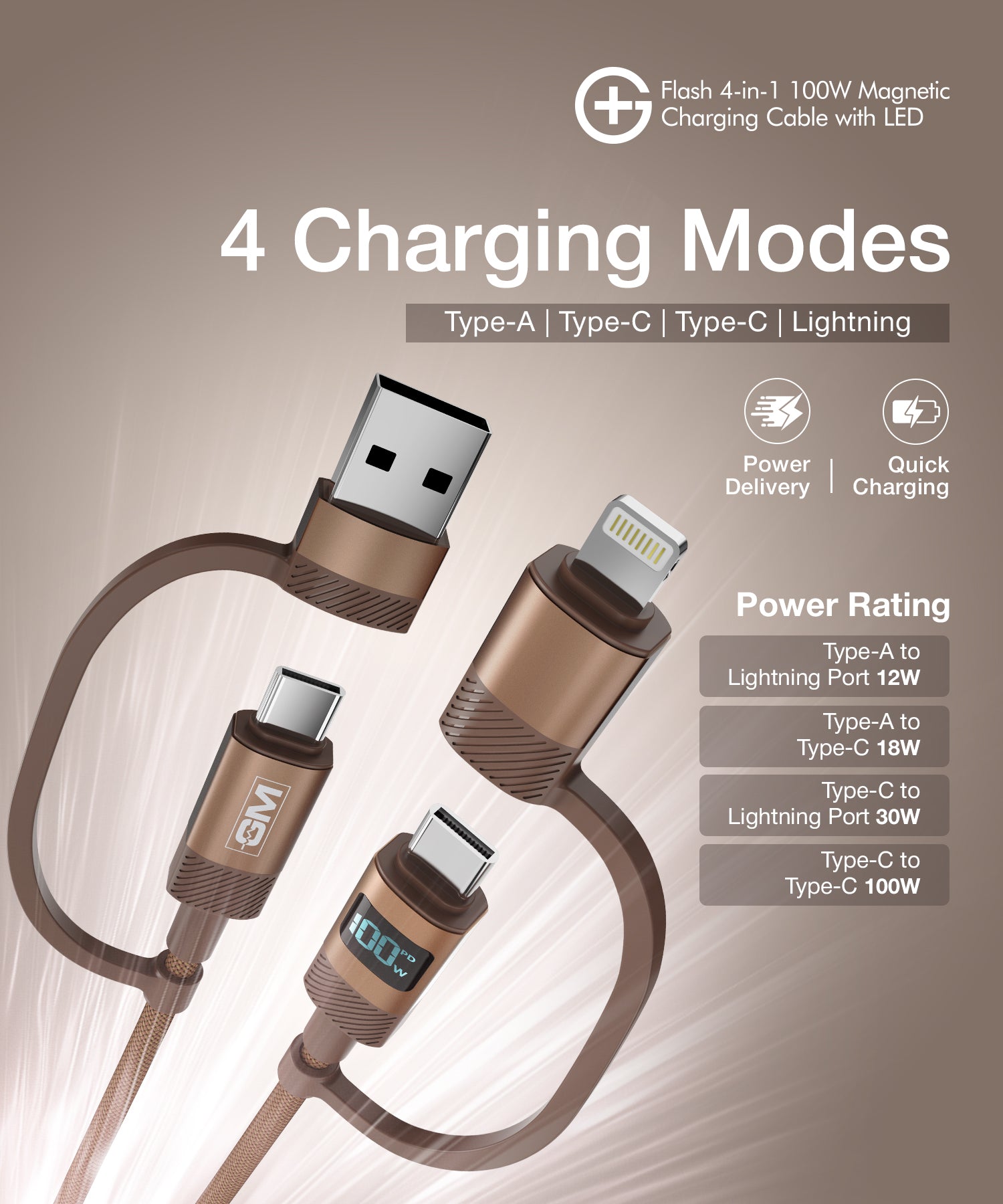 GM G+ Flash 4-in-1 100W Magnetic Charging Cable with LED
