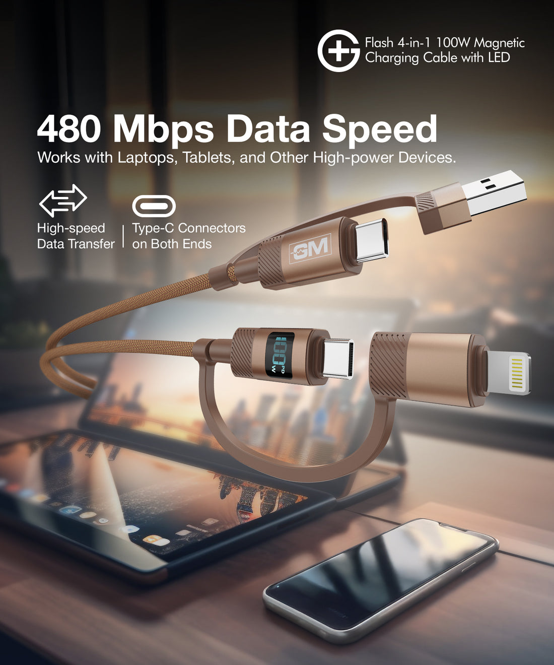 GM G+ Flash 4-in-1 100W Magnetic Charging Cable with LED