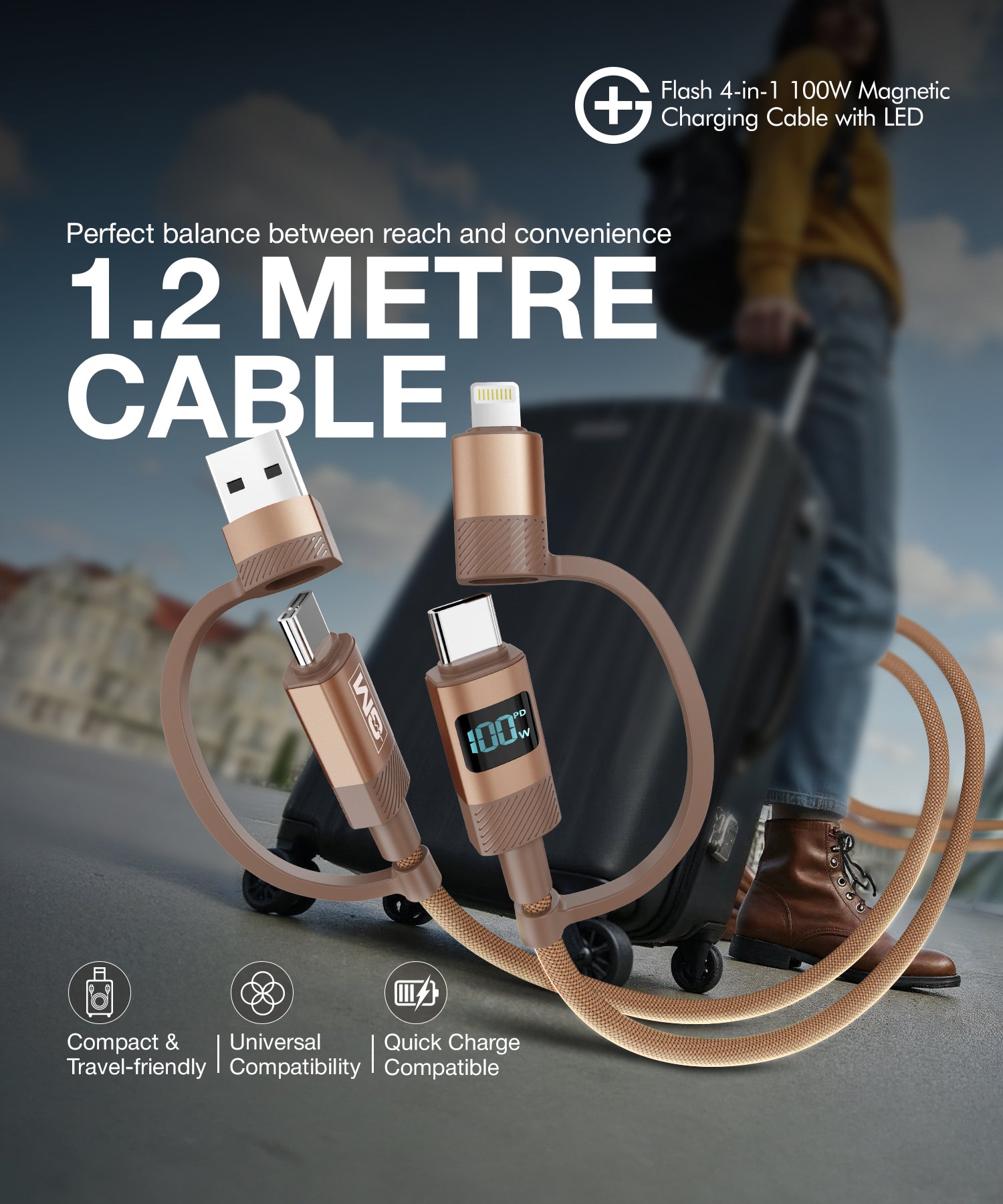 GM G+ Flash 4-in-1 100W Magnetic Charging Cable with LED