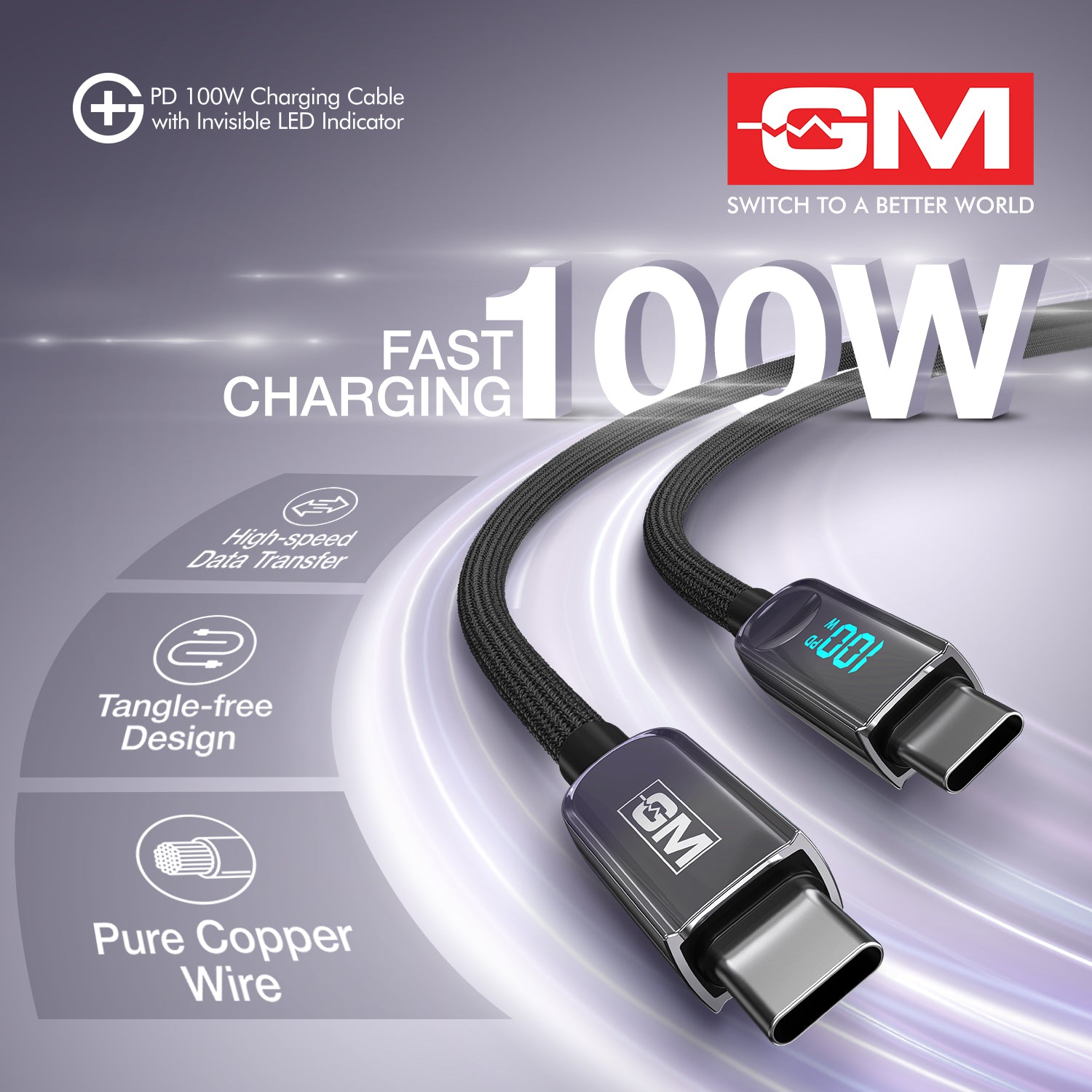 PD 100W Invisible LED Indicator C-C Cable