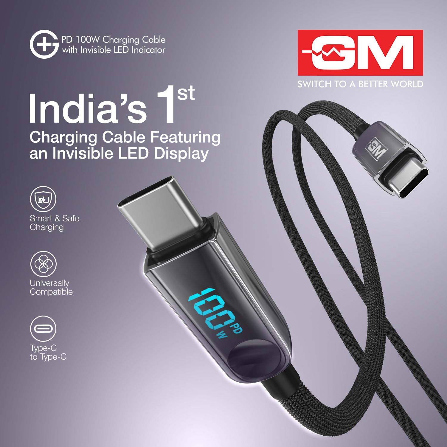 PD 100W Invisible LED Indicator C-C Cable