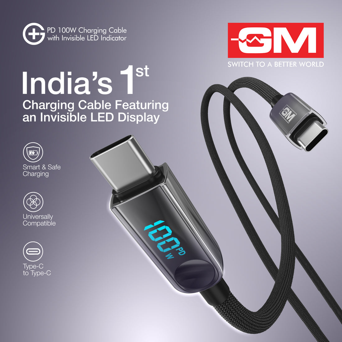 PD 100W Invisible LED Indicator C-C Cable