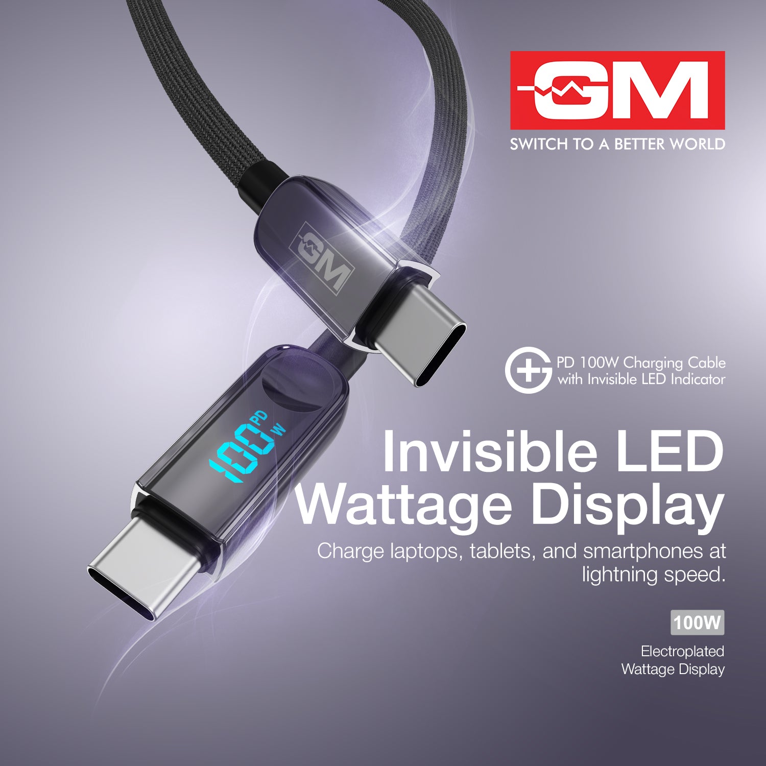 PD 100W Invisible LED Indicator C-C Cable