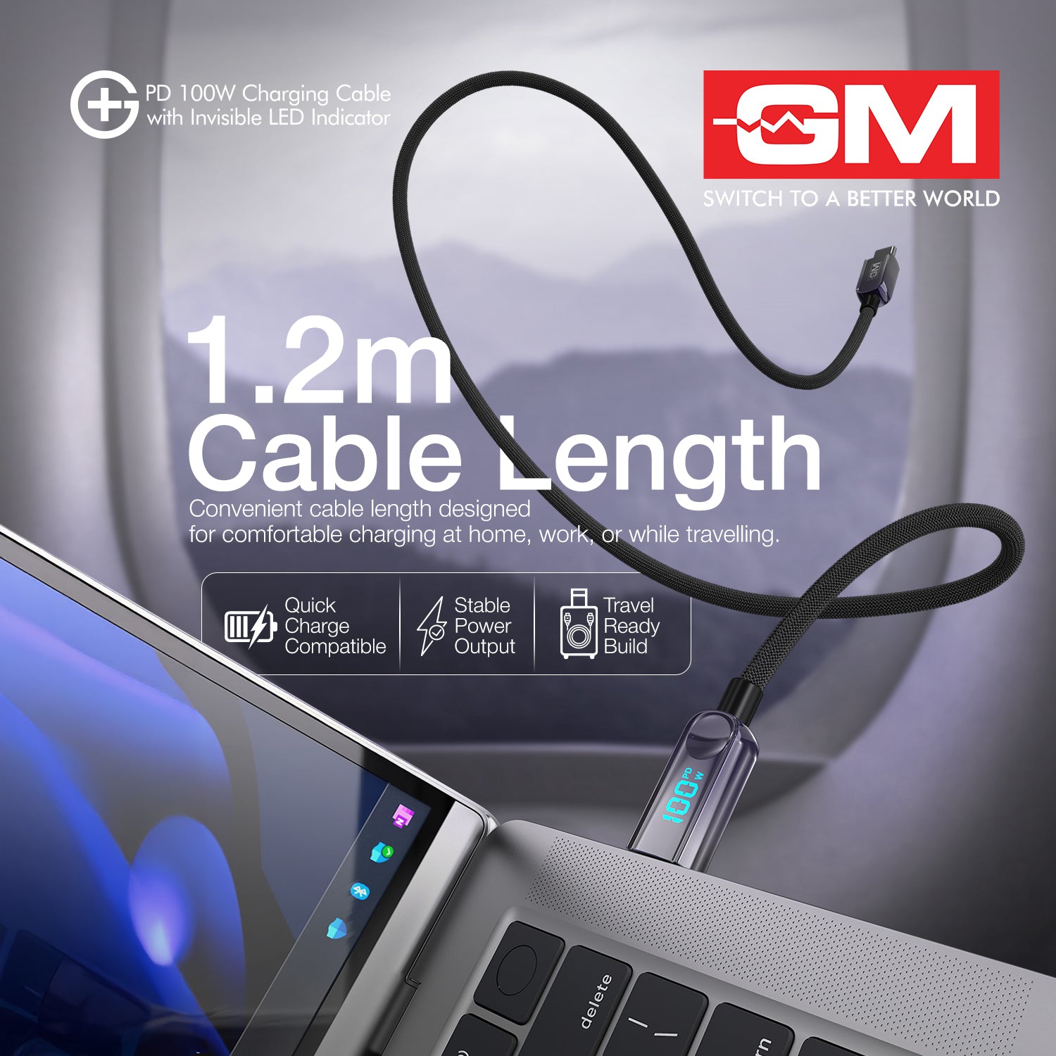 PD 100W Invisible LED Indicator C-C Cable