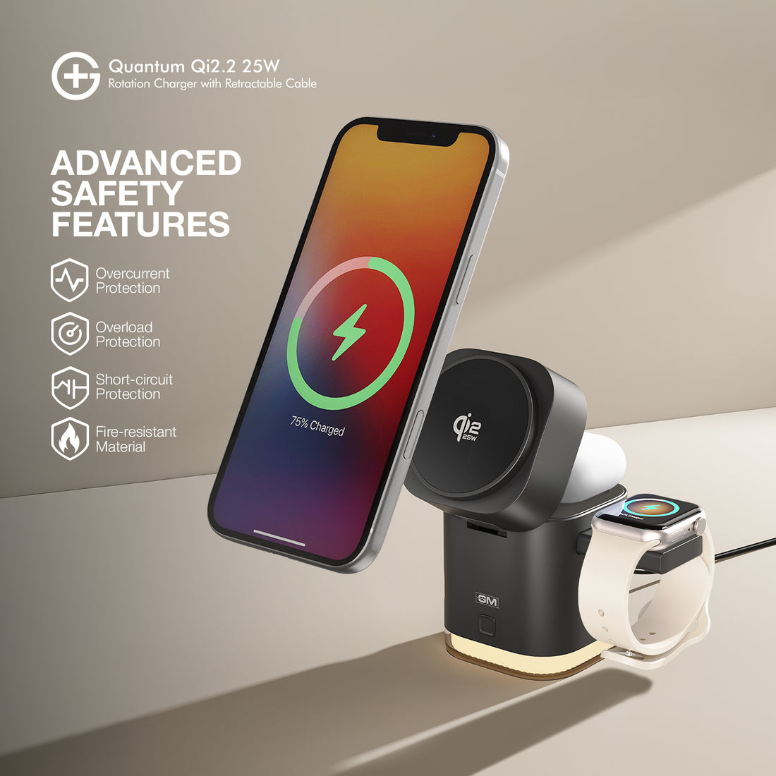 G+ Quantum Qi2.2 Rotation Charger with Retractable Cable 25W (BLACK)