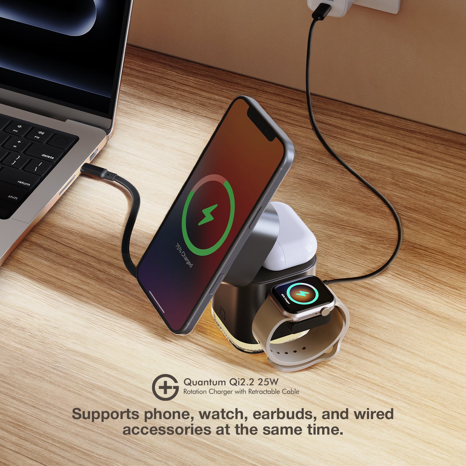 G+ Quantum Qi2.2 Rotation Charger with Retractable Cable 25W (BLACK)