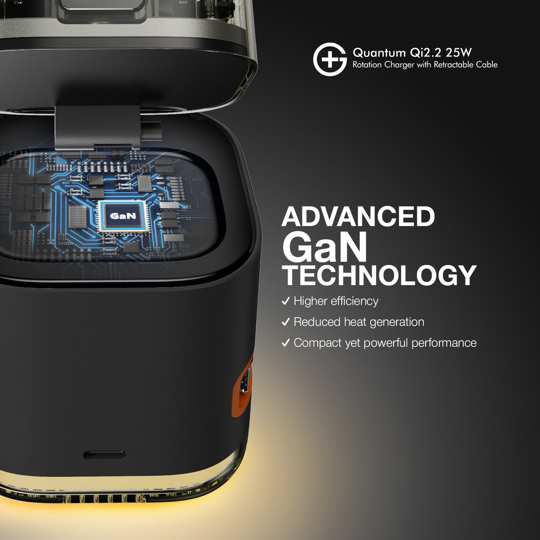 G+ Quantum Qi2.2 Rotation Charger with Retractable Cable 25W (BLACK)