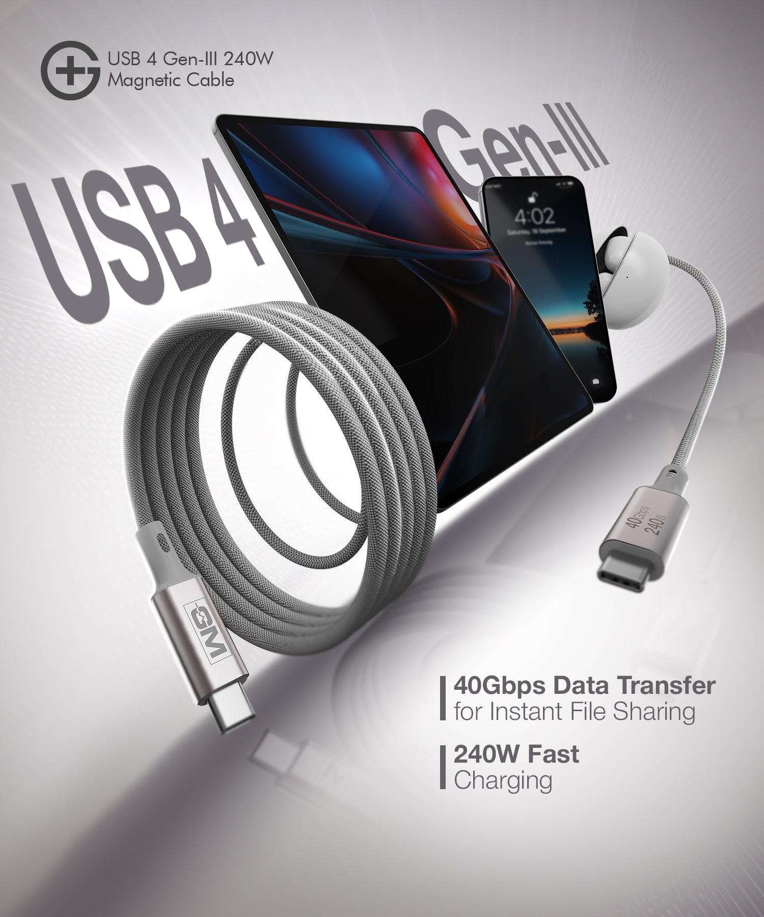 USB4 Gen-III Magnetic Cable (100cm) – 240W Fast Charging