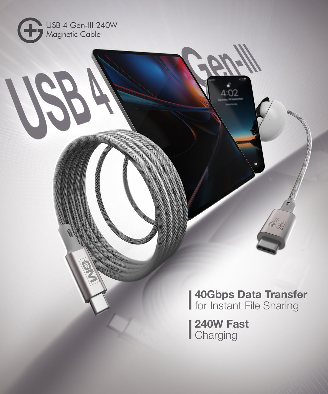 USB4 Gen-III Magnetic Cable (100cm) – 240W Fast Charging