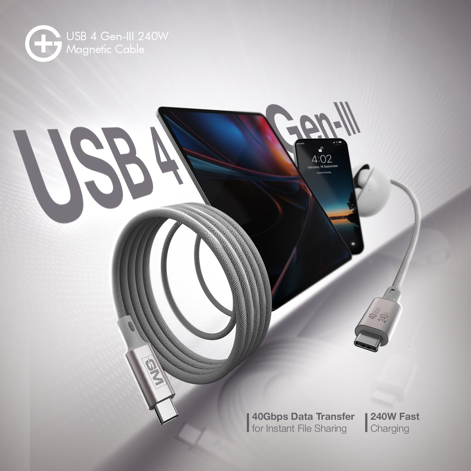 G+ USB 4 Gen-III  Magnetic Cable 240W (GREY)