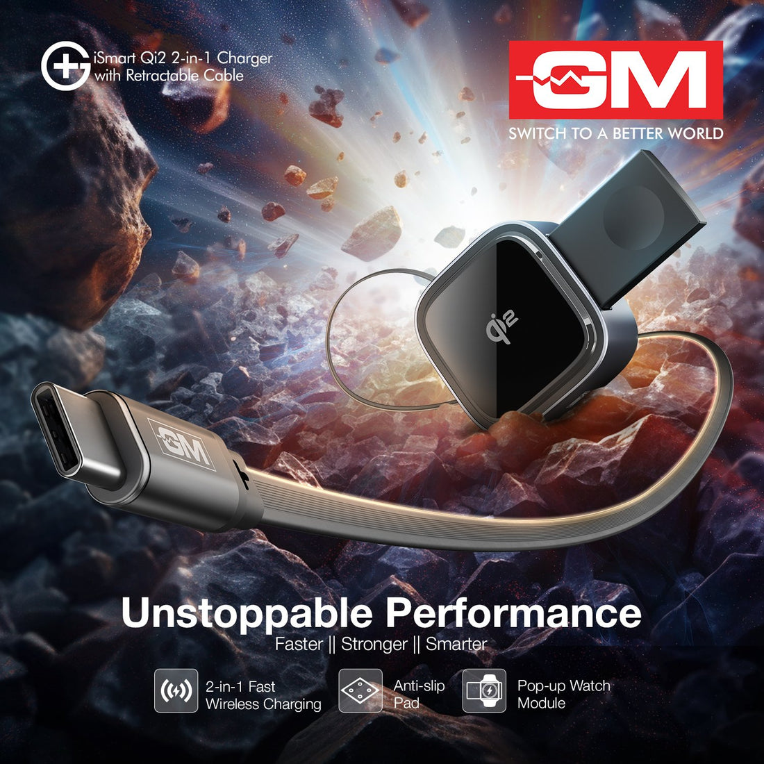 G+ iSmart Qi2 2-in-1 Charger with Retractable Cable