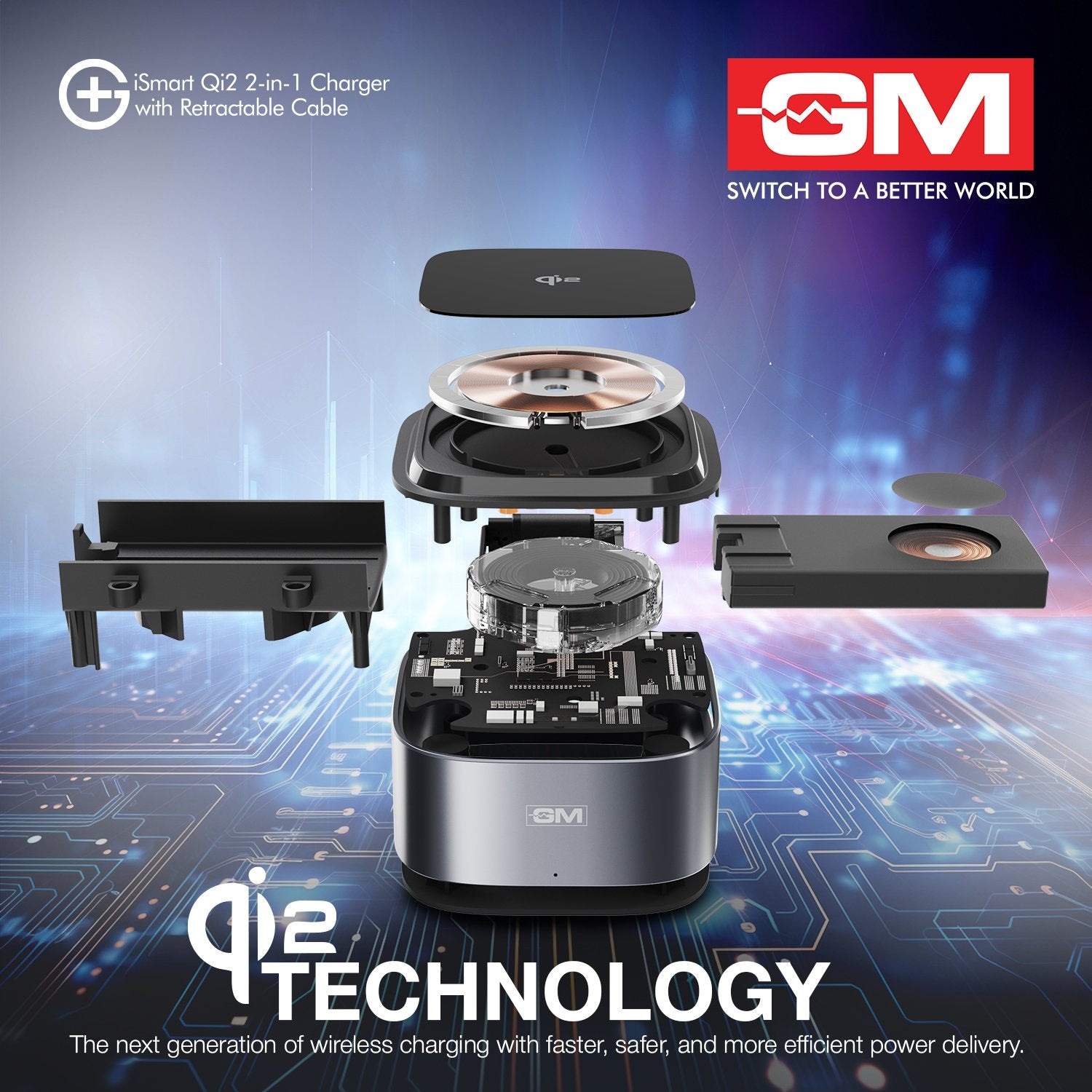 G+ iSmart Qi2 2-in-1 Charger with Retractable Cable