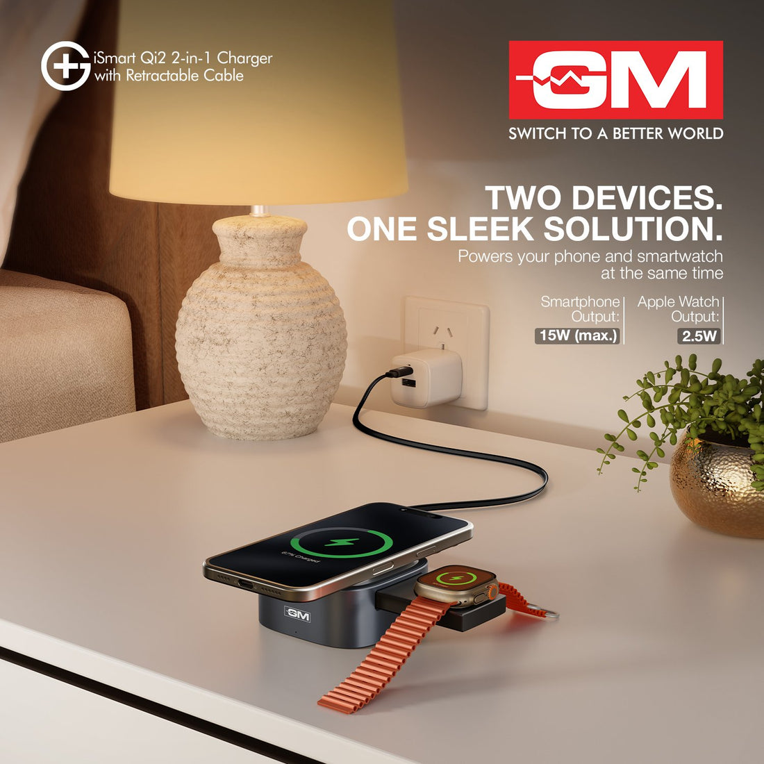 G+ iSmart Qi2 2-in-1 Charger with Retractable Cable