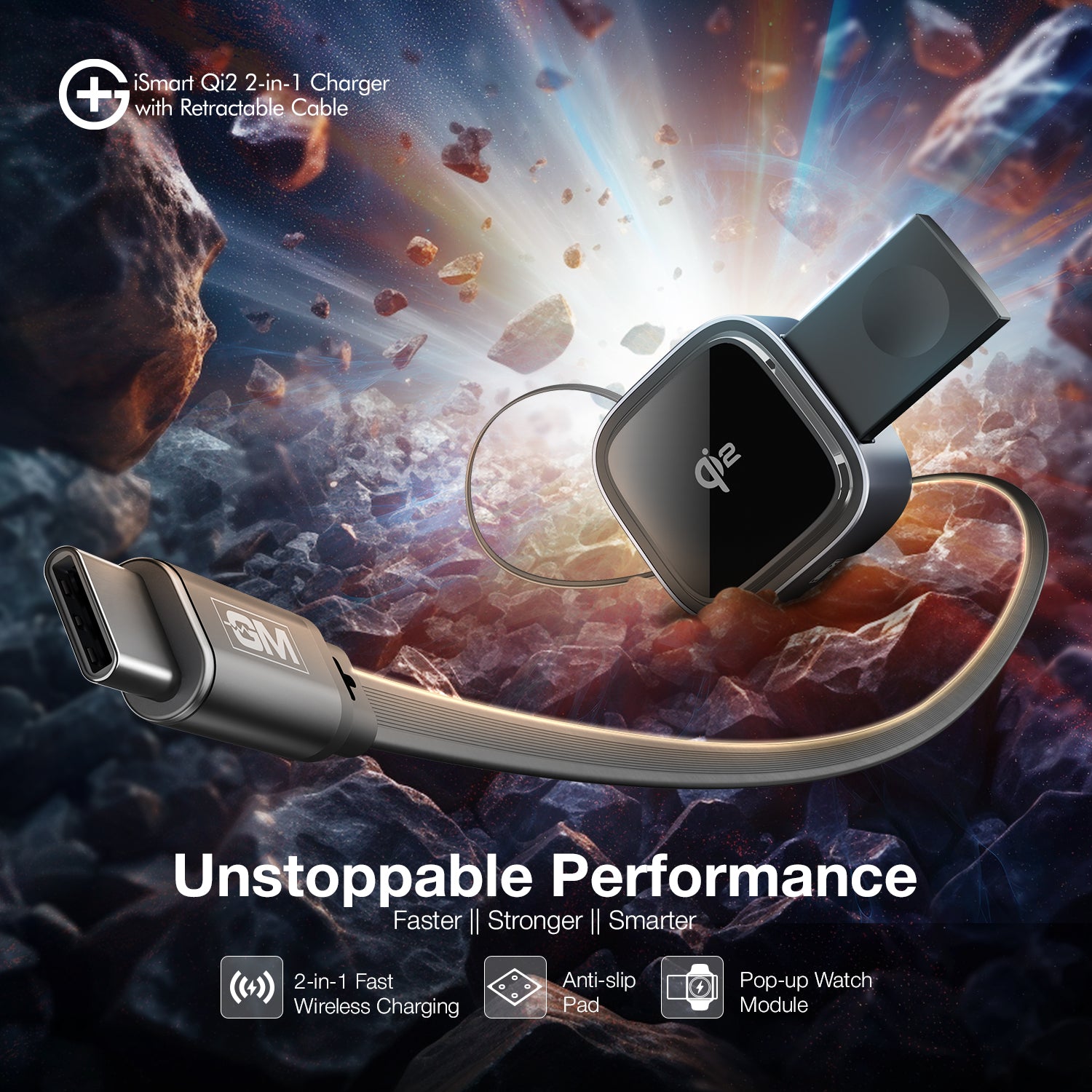 G+ iSmart Qi2 2-in-1 Charger with Retractable Cable
