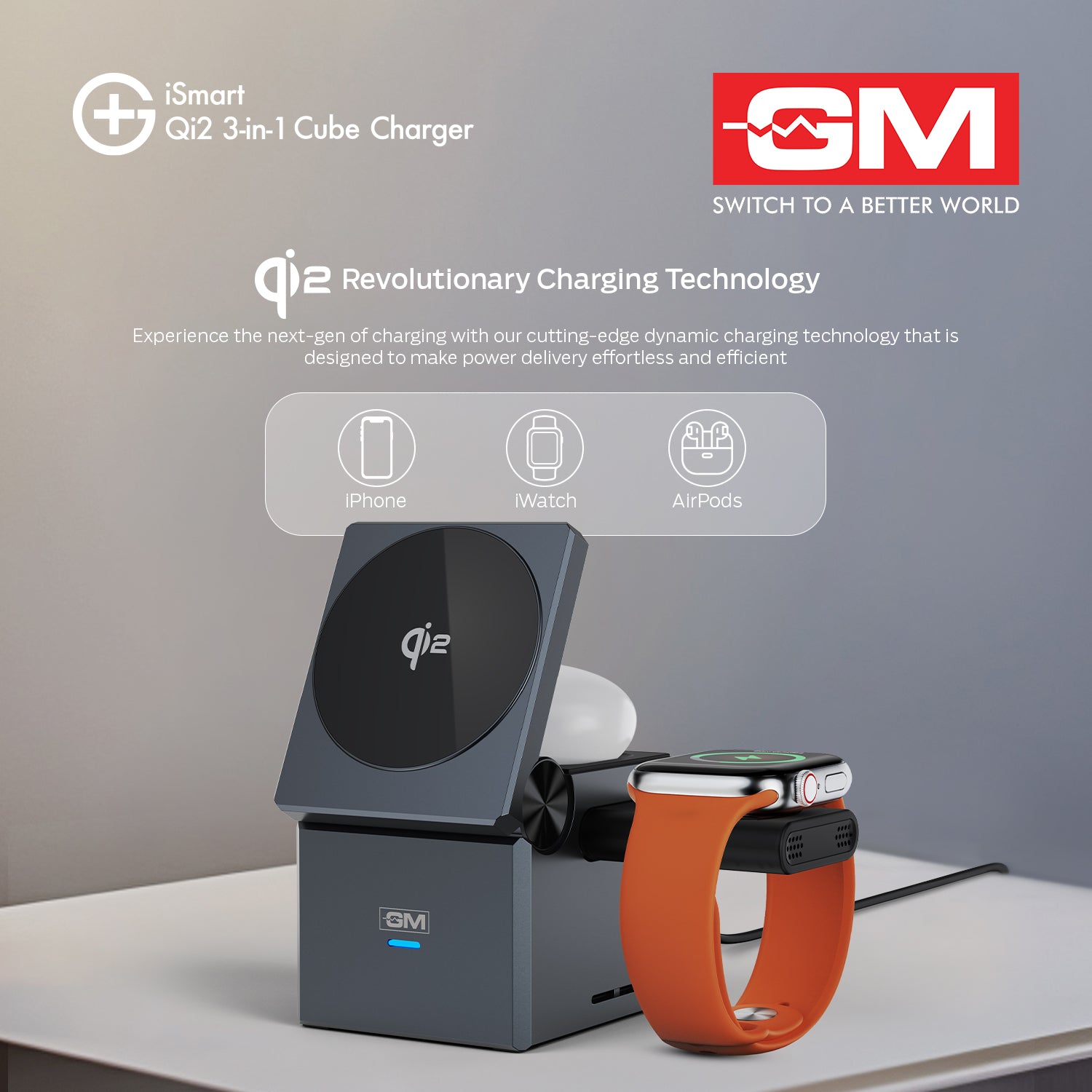 ISMART QI2 3-IN-1 CUBE CHARGER (Silver)