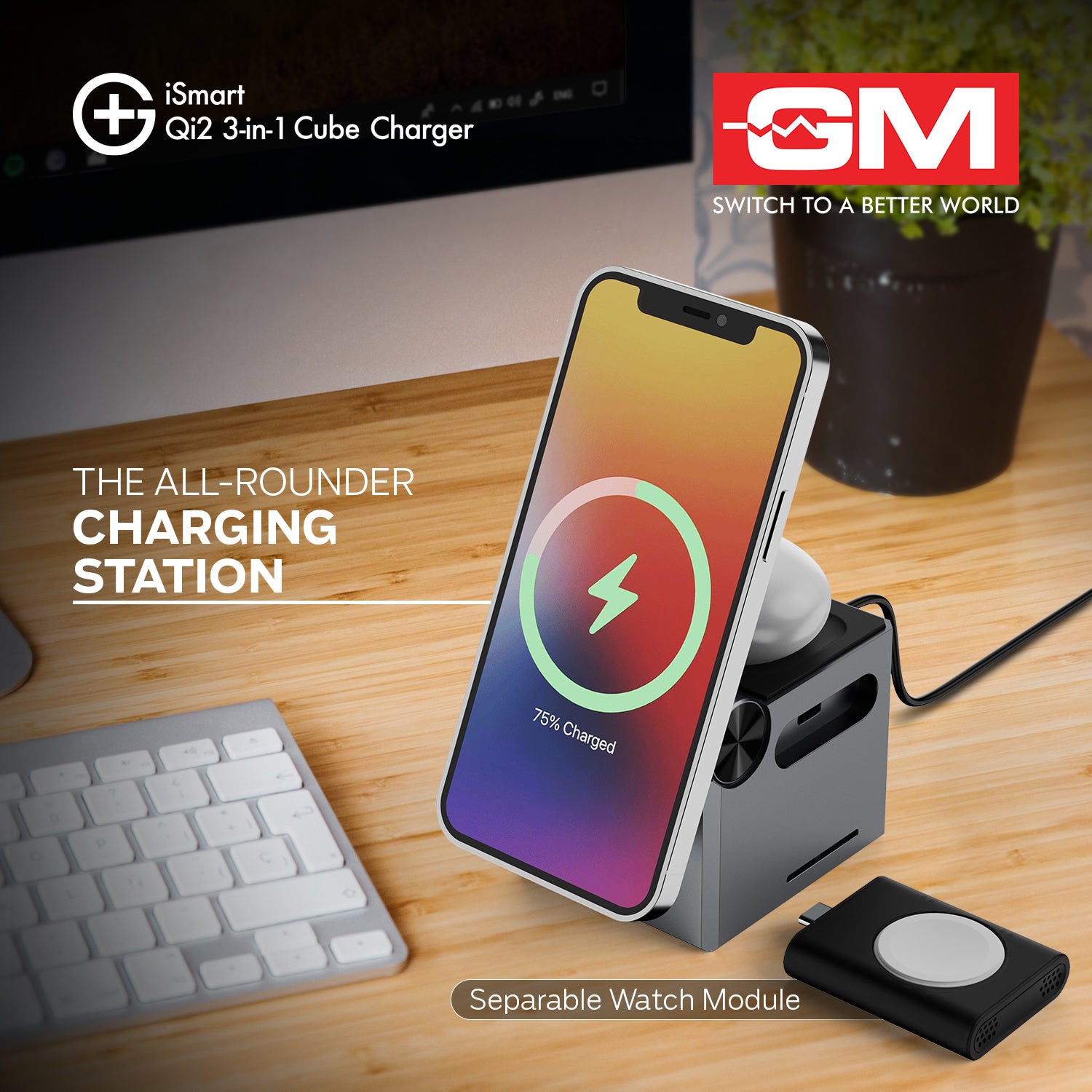 ISMART QI2 3-IN-1 CUBE CHARGER (Silver)